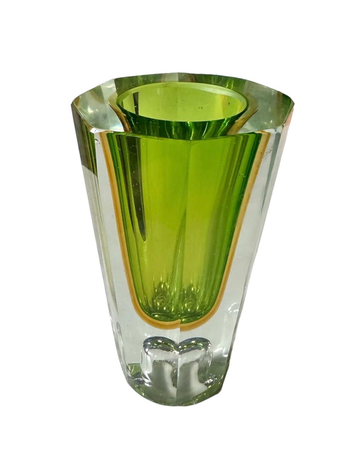 Murano Sommerso Double Overlay Six Sided Glass Vase Candle Holder Green Amber