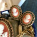Vintage Statement Cameo Necklace & Earrings Set Gold Chain Resin 1970
