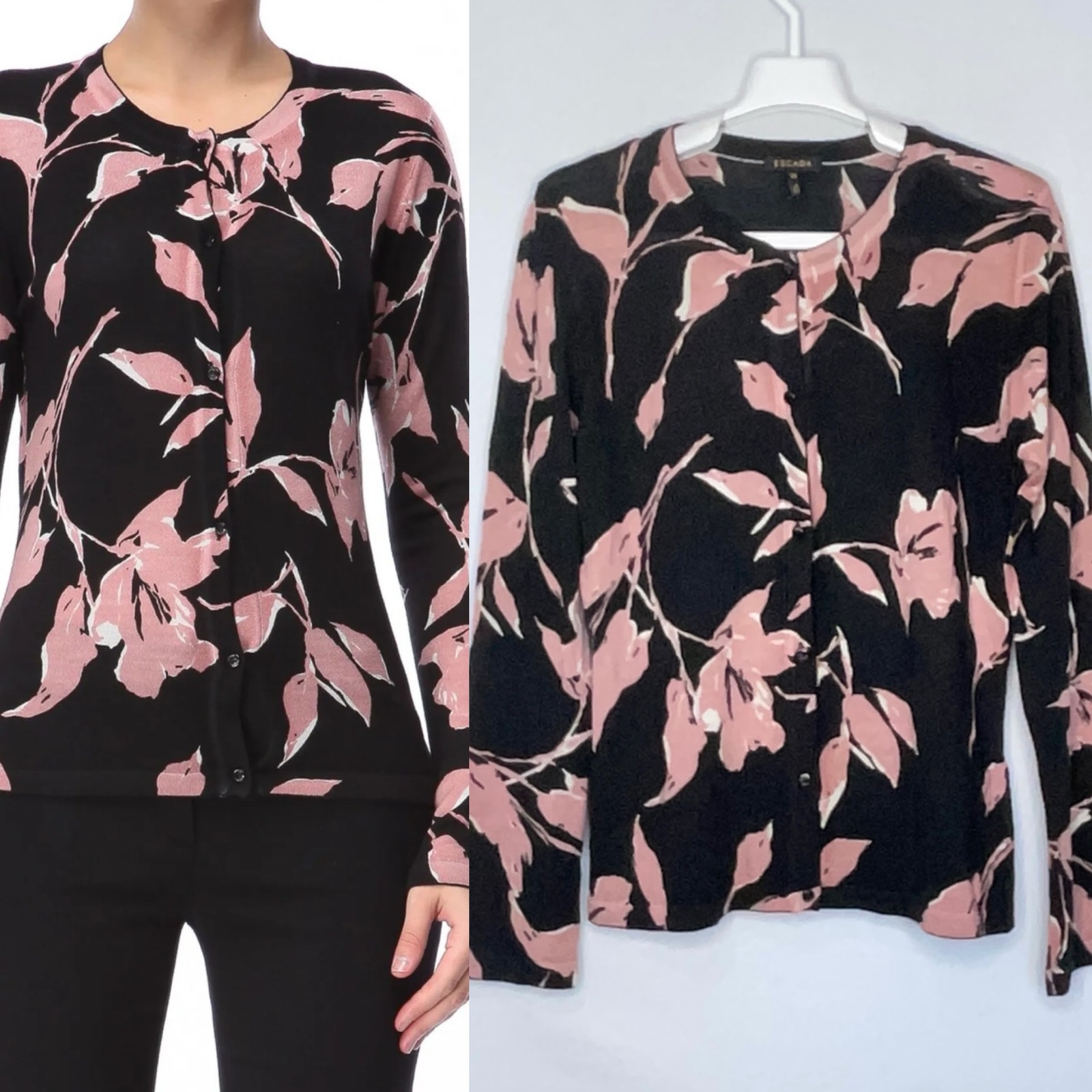 Escada Black Pink Floral Wool Silk Button Front Cardigan Size Medium