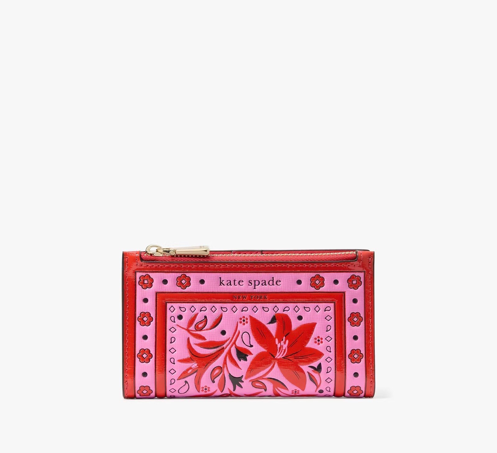 Kate Spade Morgan Bandana Pink Embossed Leather Small Slim Bifold Wallet New