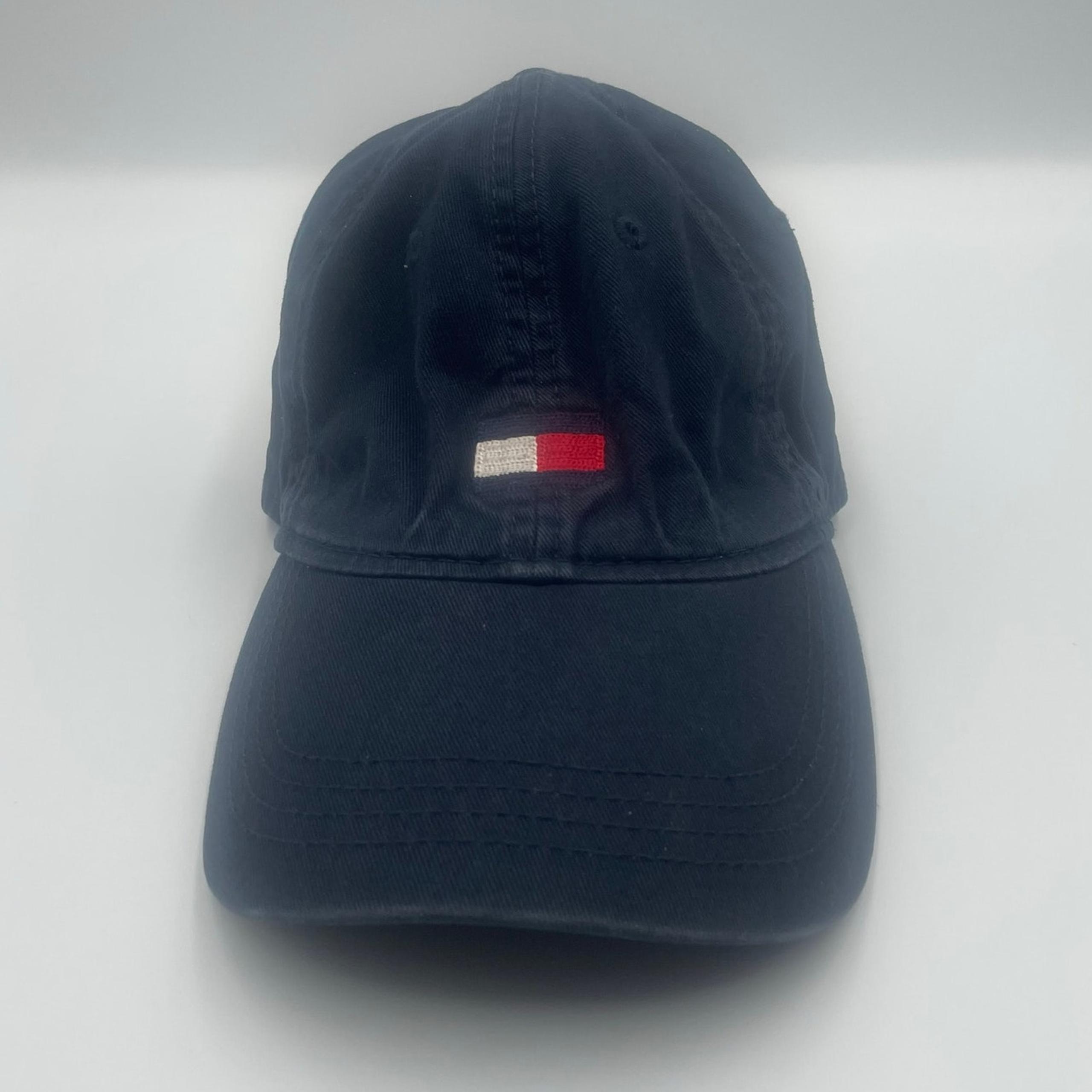 Vintage distressed Tommy Hilfiger Blue baseball cap hat logo front