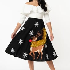 Unique Vintage Red Nose Reindeer Soda Shop Swing Skirt