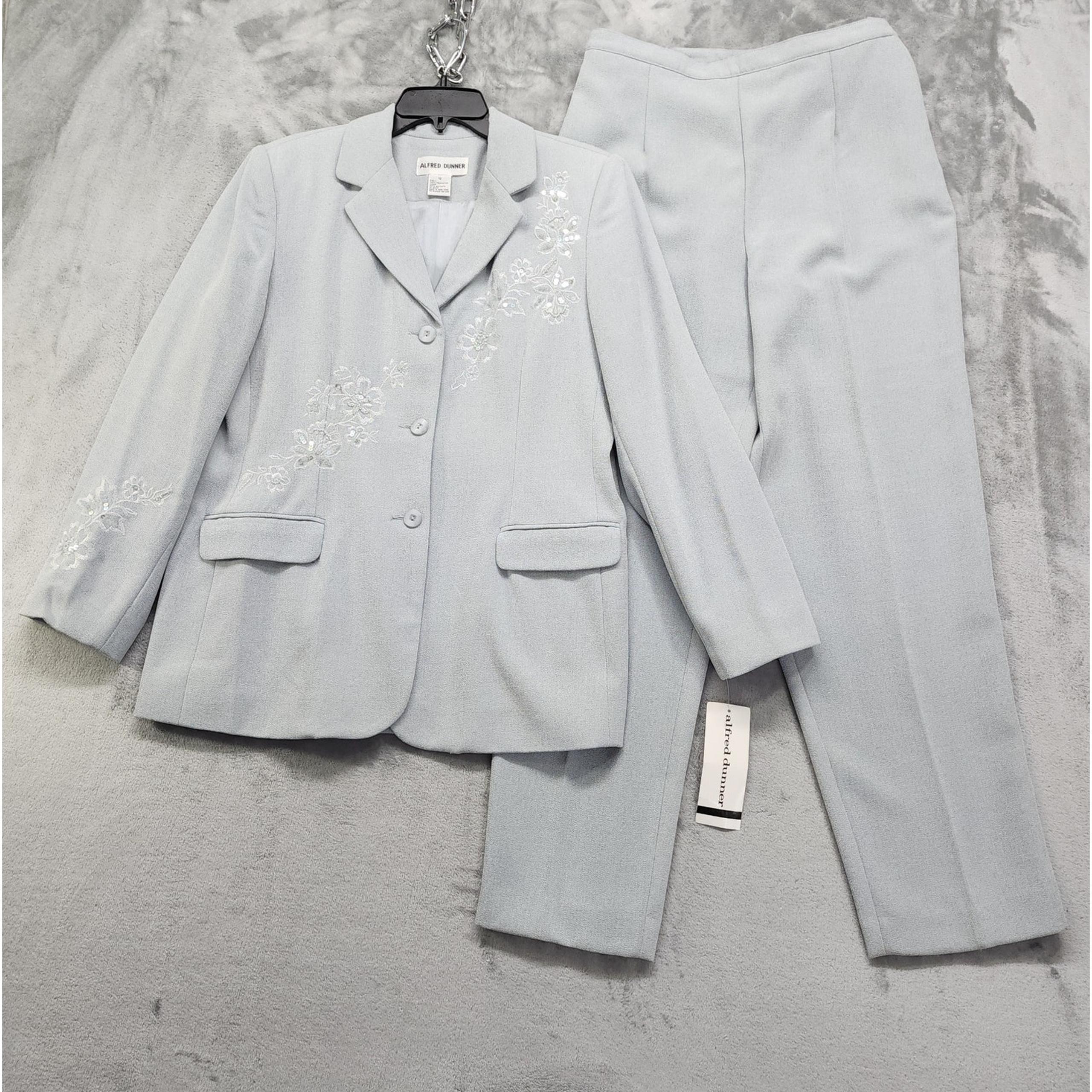 NEW Vintage 90s Alfred Dunner Pant Suit Women 12/10 Blue Blazer Floral Sequins