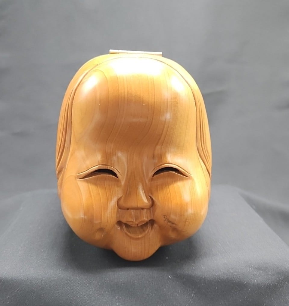 RARE VTG OTAFUKU INCENSE BOX SMILING WOMAN KOGO JAPANESE CYPRESS KINOKI WOOD