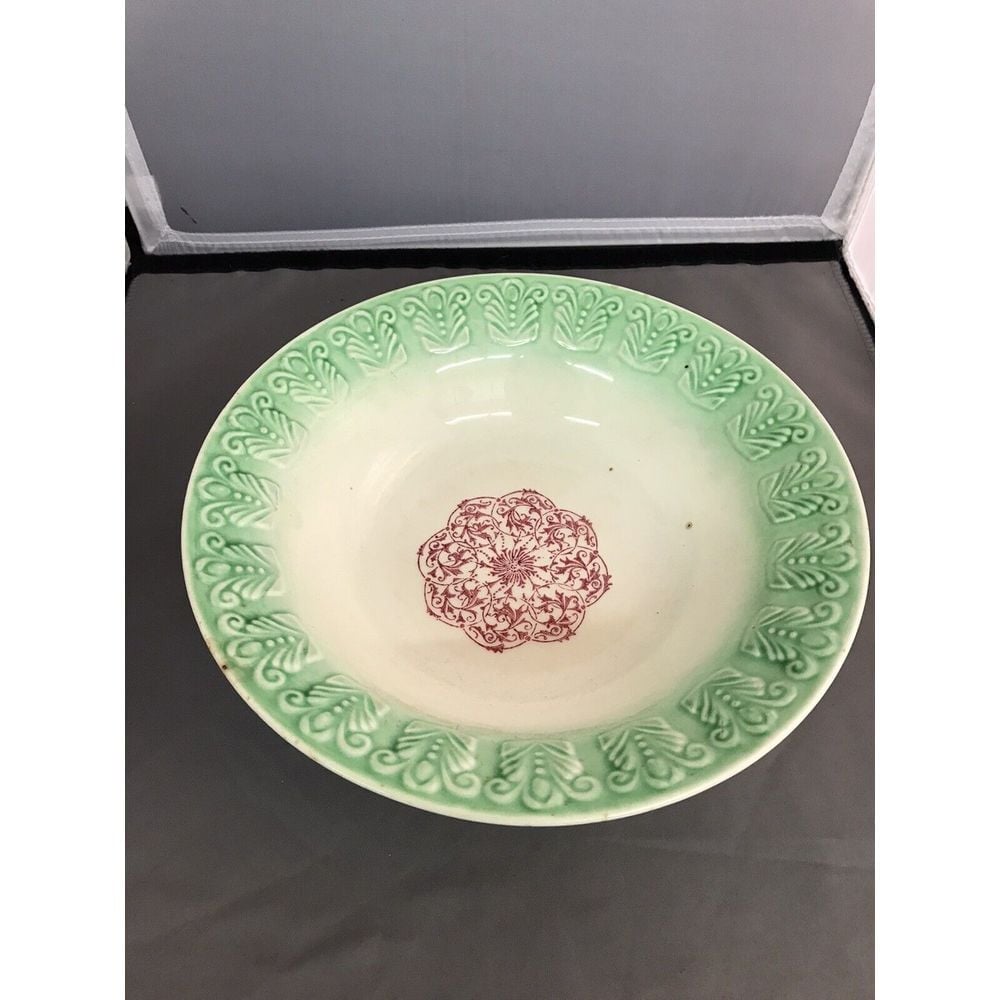 Unmarked Majolica Type Bowl Raised Relief Red Green Vintage Antique Porcelain