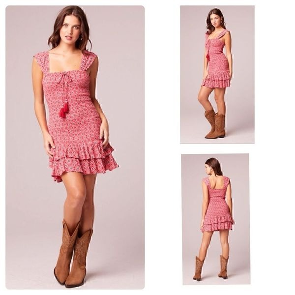 New! B.O.G. Collective Dreamboat Red Medallion Print Smocked Mini Dress