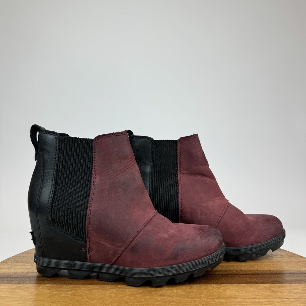 Womens Sorel Joan of Arctic Wedge II Red Leather Chelsea Ankle Boots Size 8 M