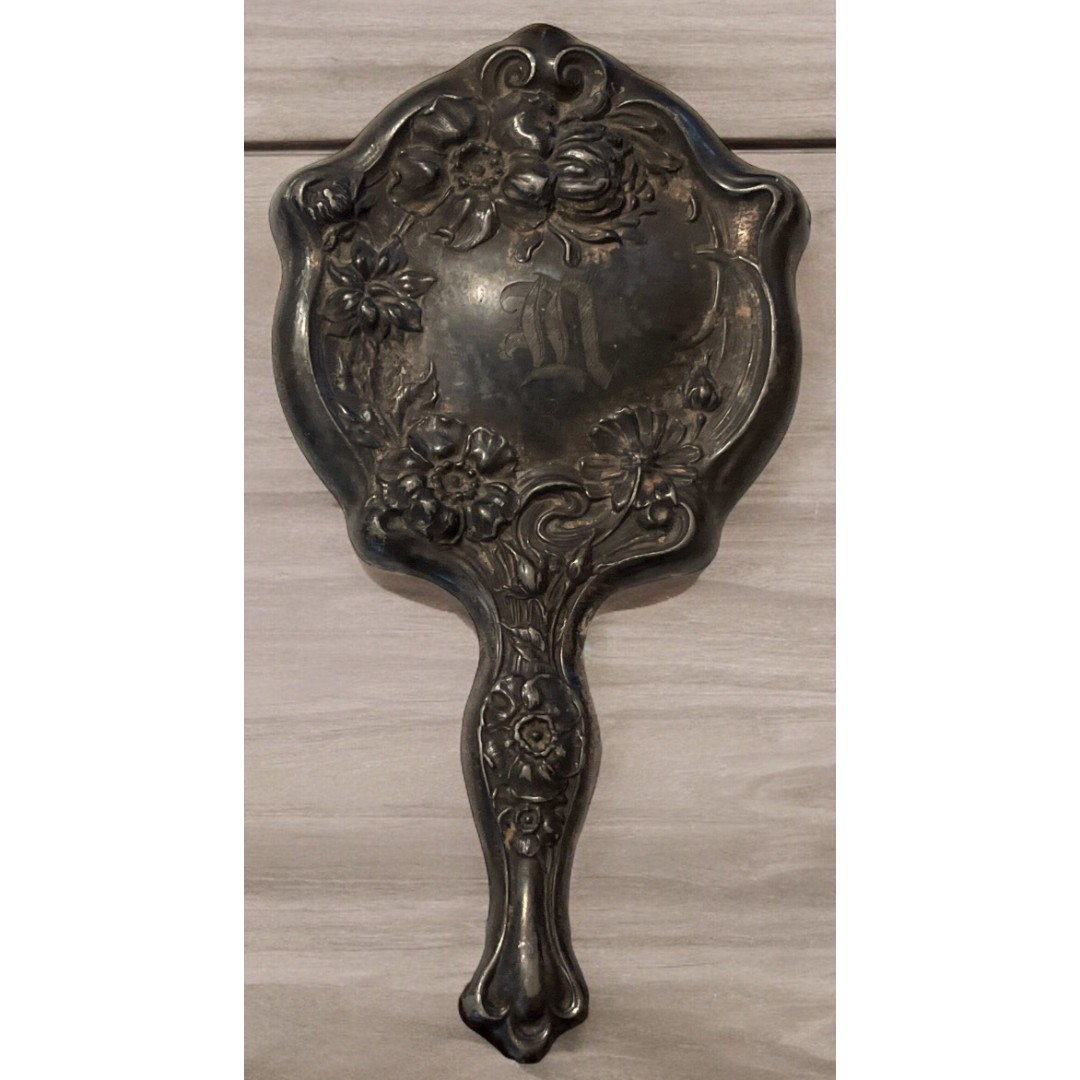 Antique Pewter Silver Plated Hand Mirror Art Nouveau Mirror