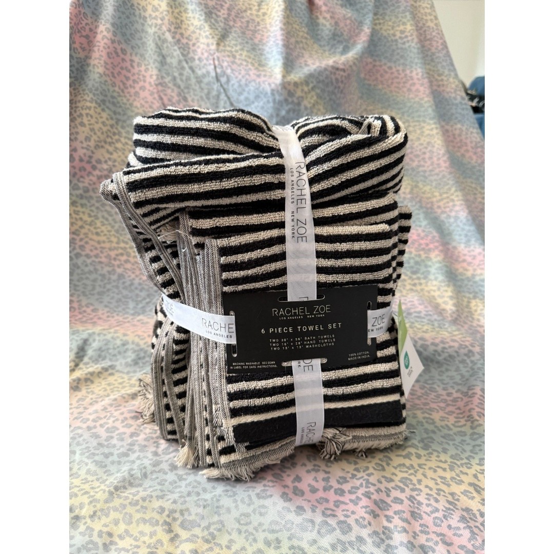 Rachel Zoe 6-Piece Luxury Cotton Towel Set – Black & Cream Stripes – NWT