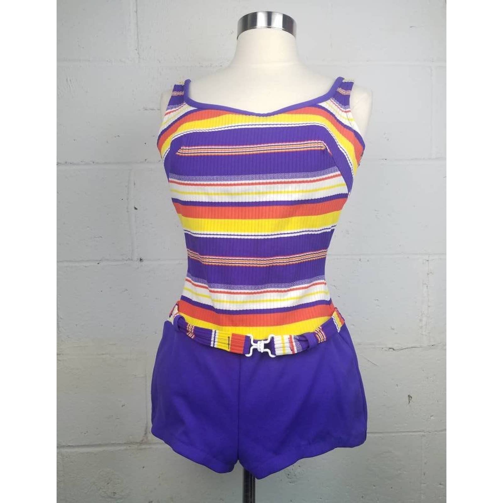 1960s Purple Stretch Knit Nylon Striped One Piece Belted Swimsuit Deadstock B5
