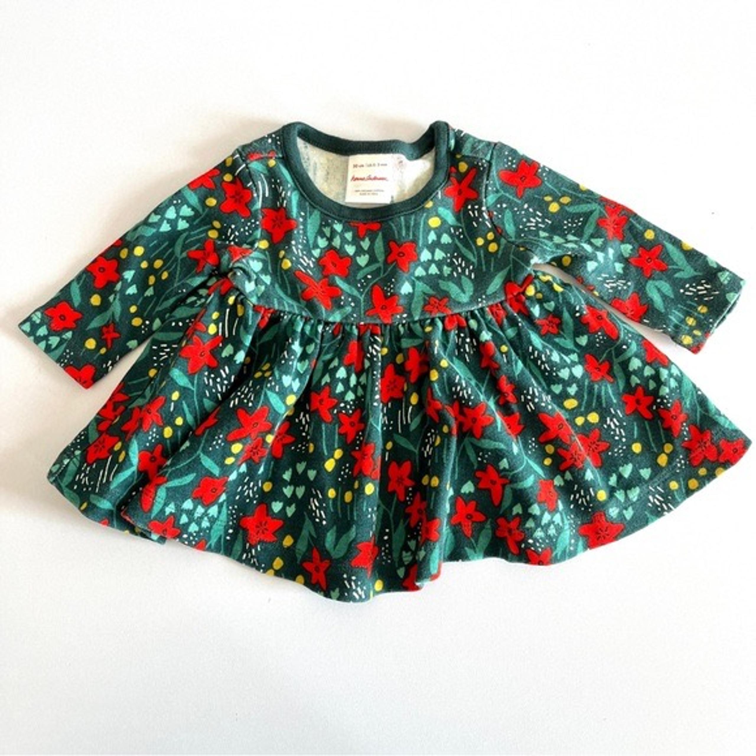 Hanna Andersson baby girls dress 50 0-3 months green floral long sleeve cotton