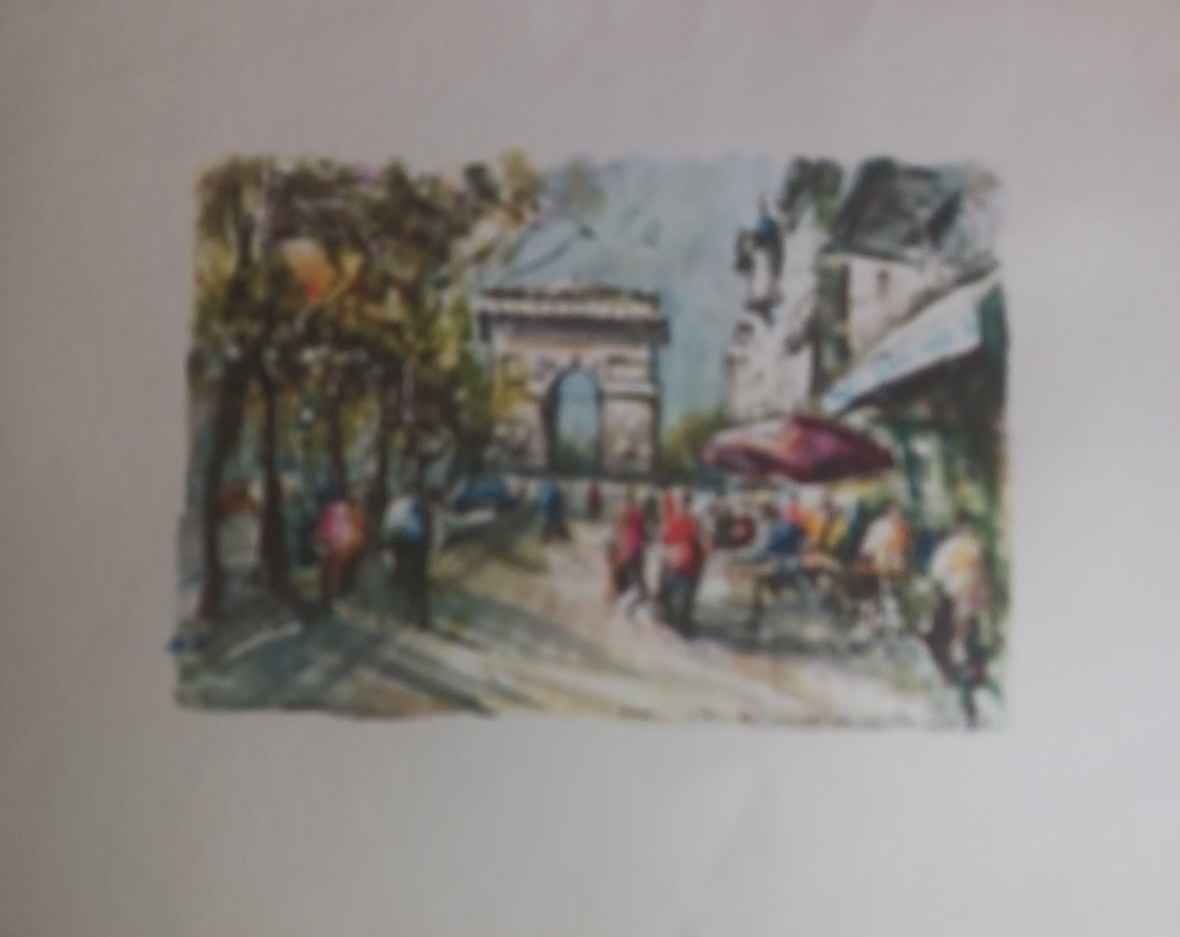 MARIUS GIRARD Print: Paris-L' Arc de Triomphe et les Champs-Elysies. SIGNED. Vtg
