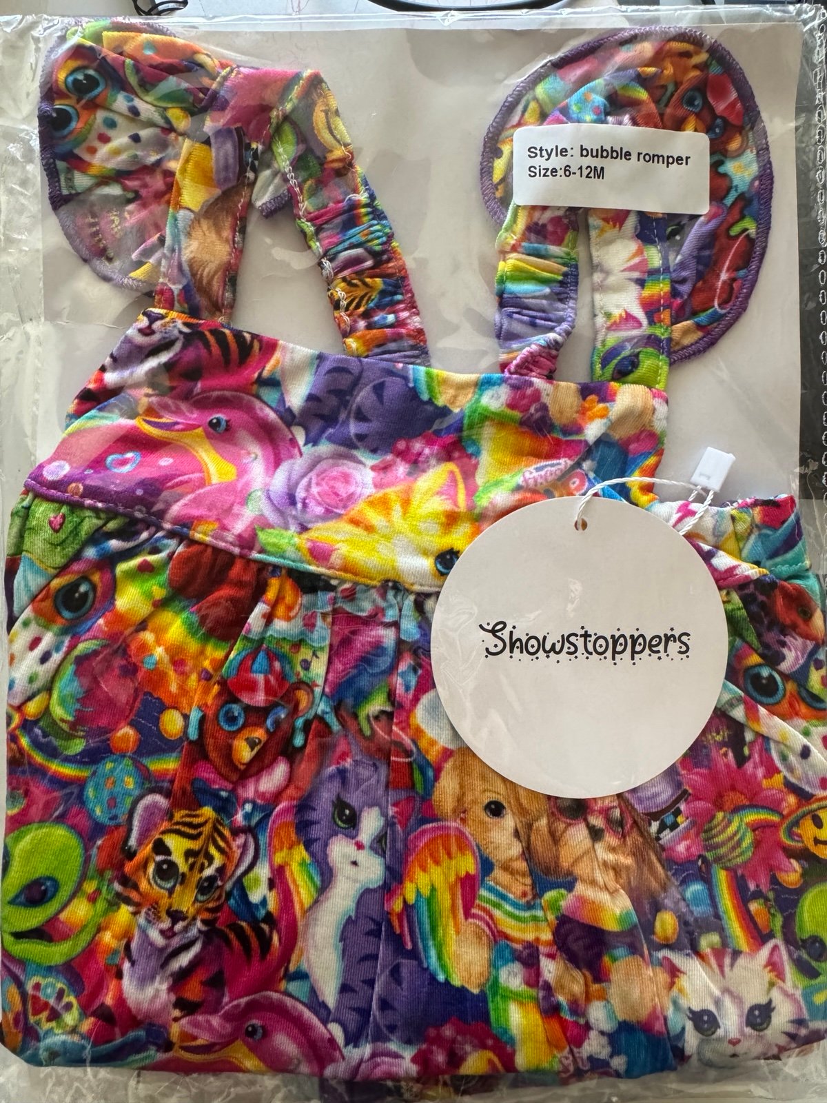 Showstoppers Lisa Frank bubble romper- 6-12m NIB