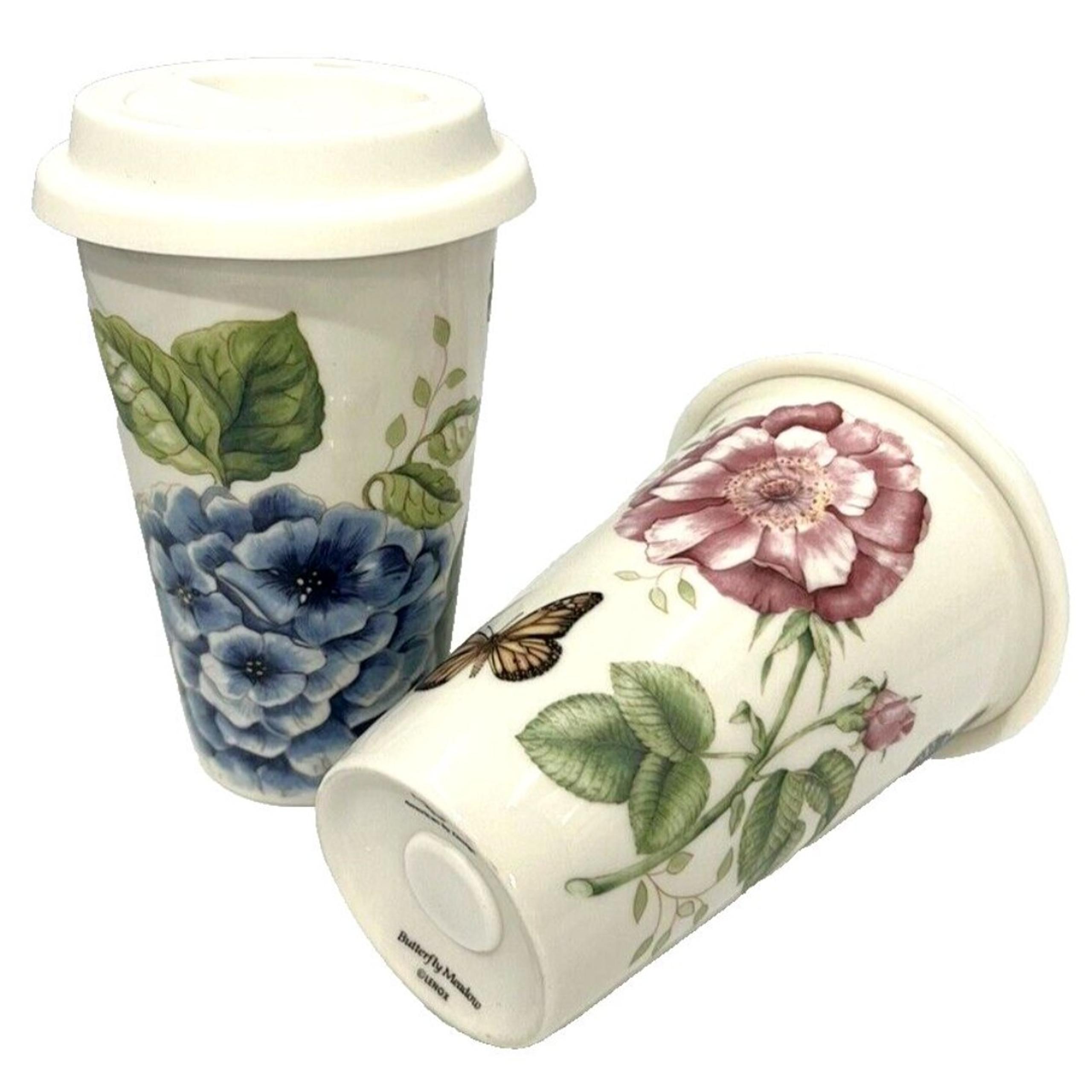 FREEship! 2 Lenox Butterfly Meadow Thermal Travel Mug Coffee Cup Tumbler w/ Lids