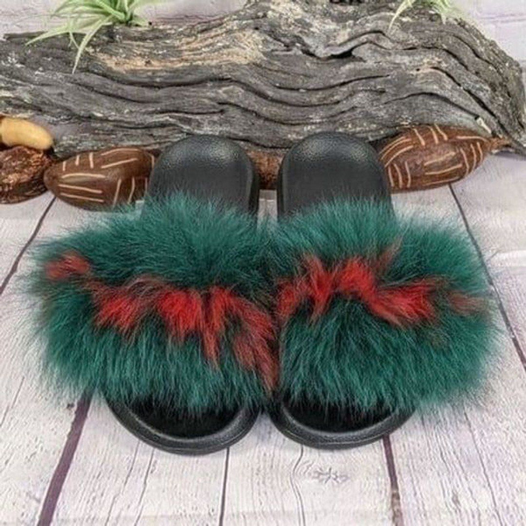 Green/Red Fluffy Fur Slides Slippers