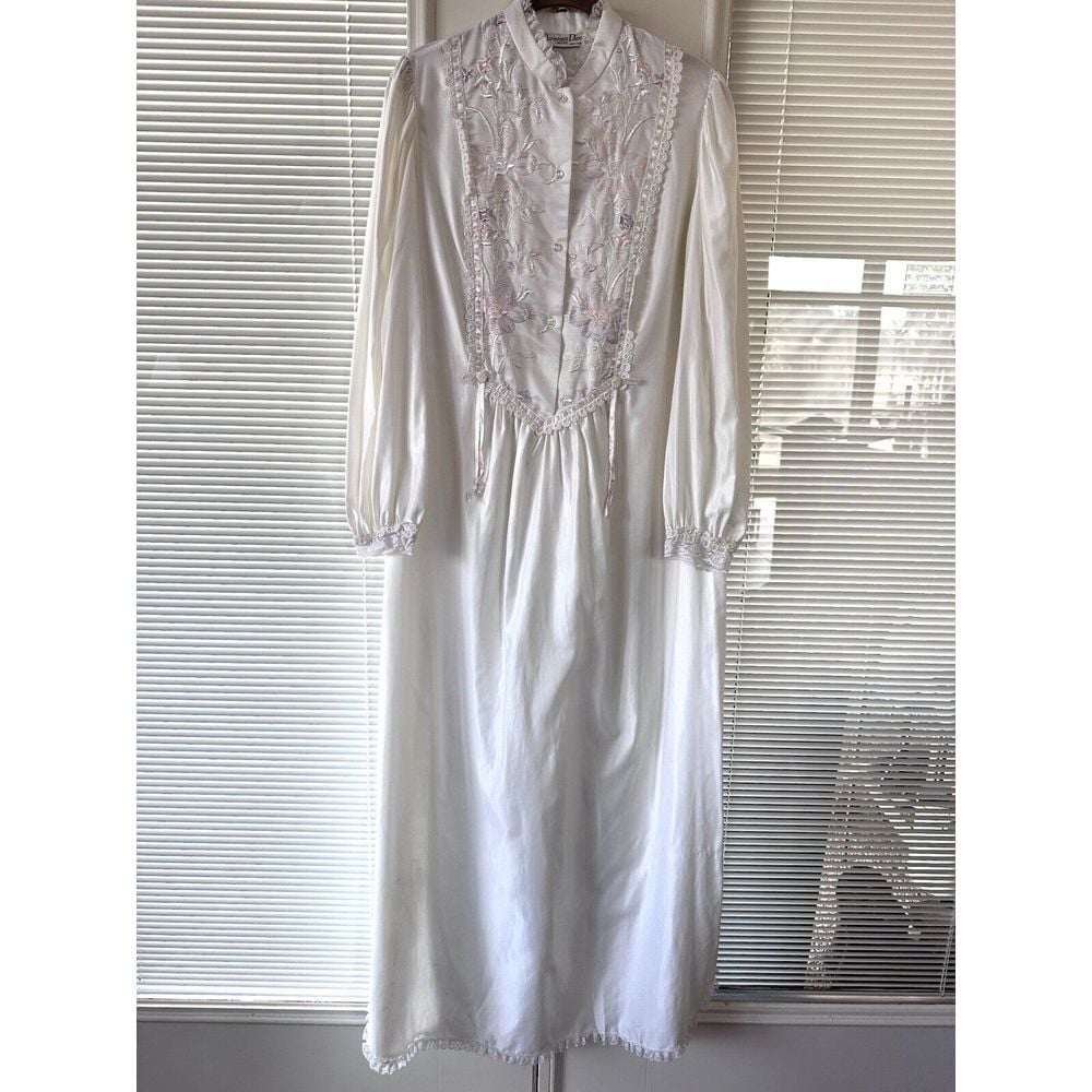 Vintage CHRISTIAN DIOR Medium White Nightgown Chemise Cotton Satin Lace