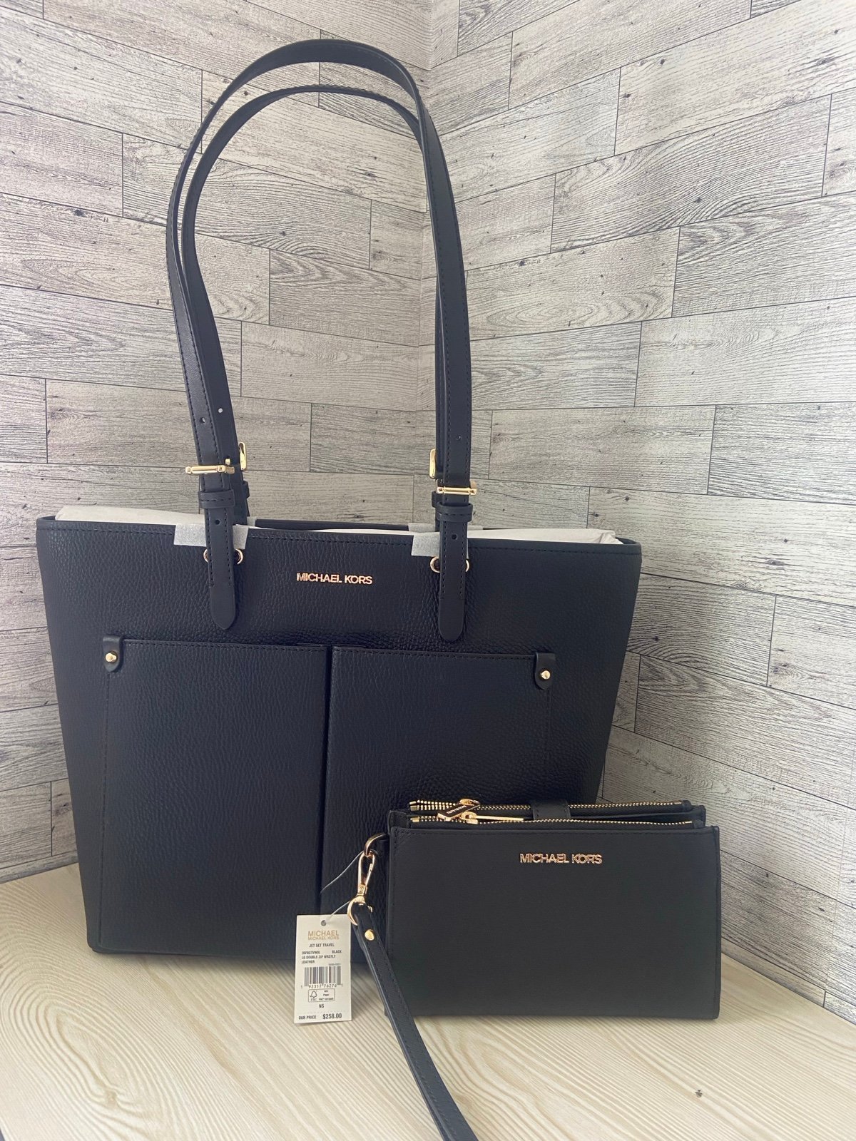 Michael Kors Black Double Pocket Tote and Wallet