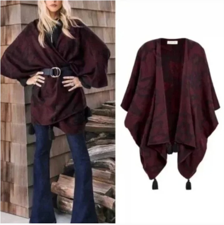 Cleobella Sevigny Capelet Poncho Cap Sweater. Burgundy/Black One Size