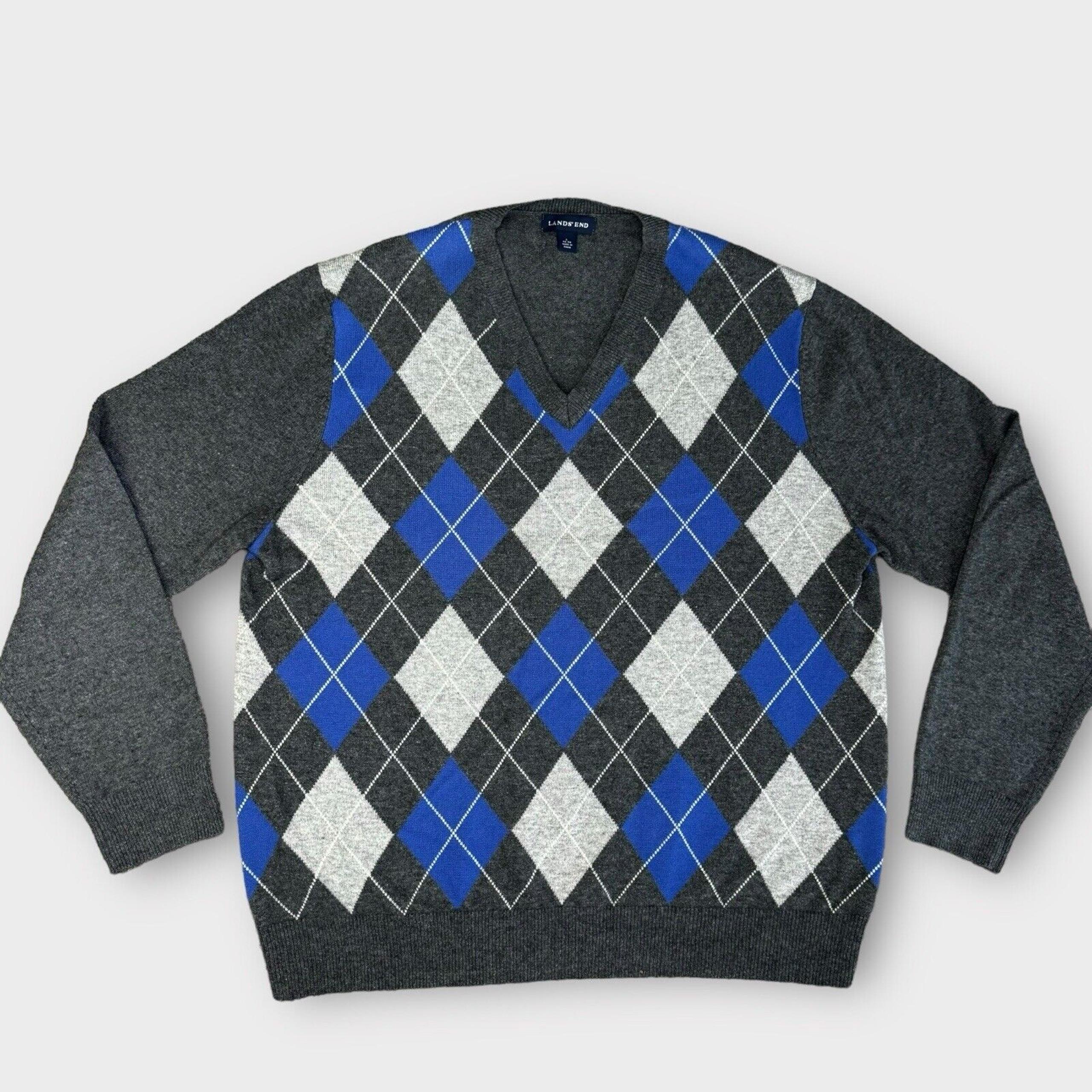 Lands End Men's L Sweater Gray Blue Argyle Cashmere V-Neck Pullover 42-44