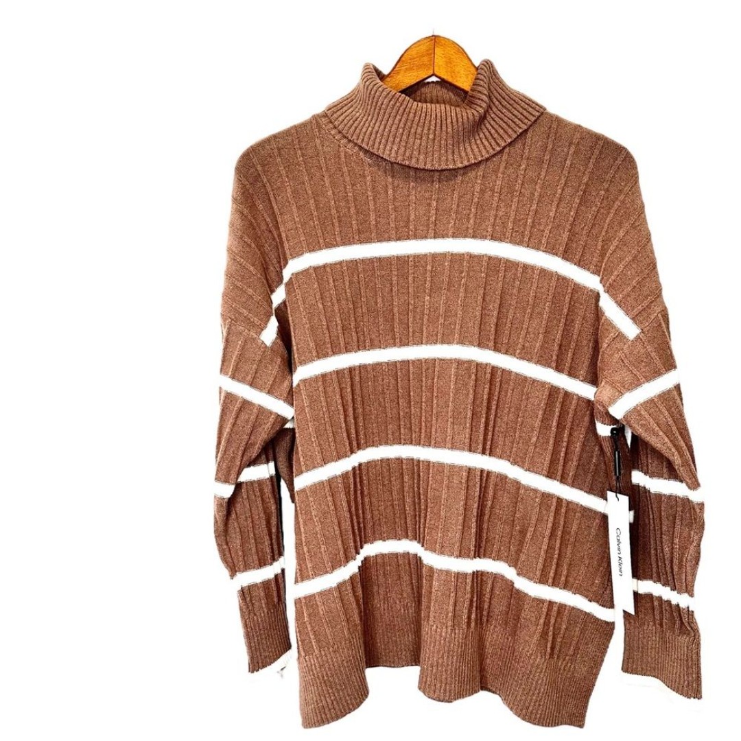 Calvin Klein Tan and White striped sweater with side slit. Size XL, NWT