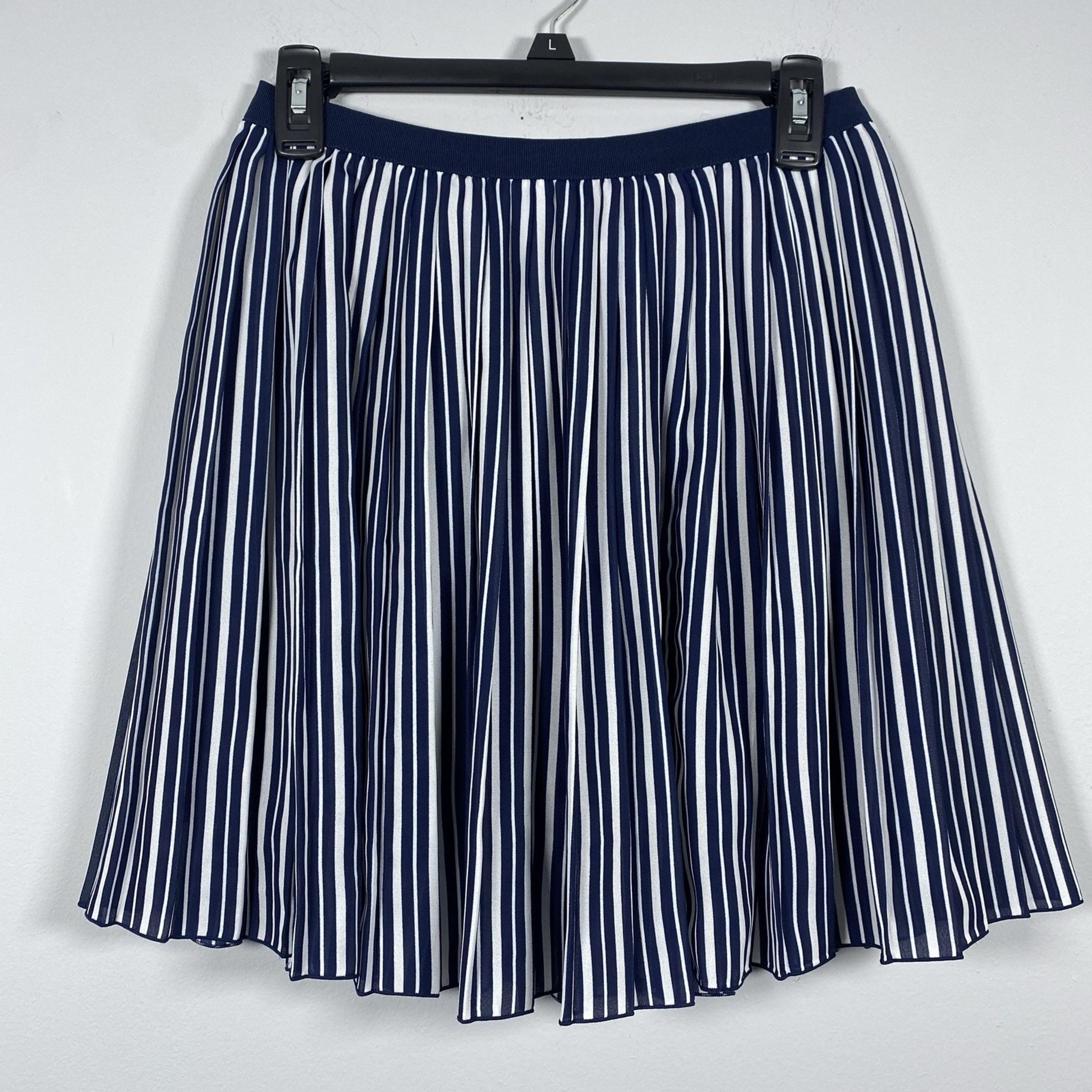 Uniqlo Pleated Striped Skirt Navy Blue White Lined Women's Sz M Flowy Office