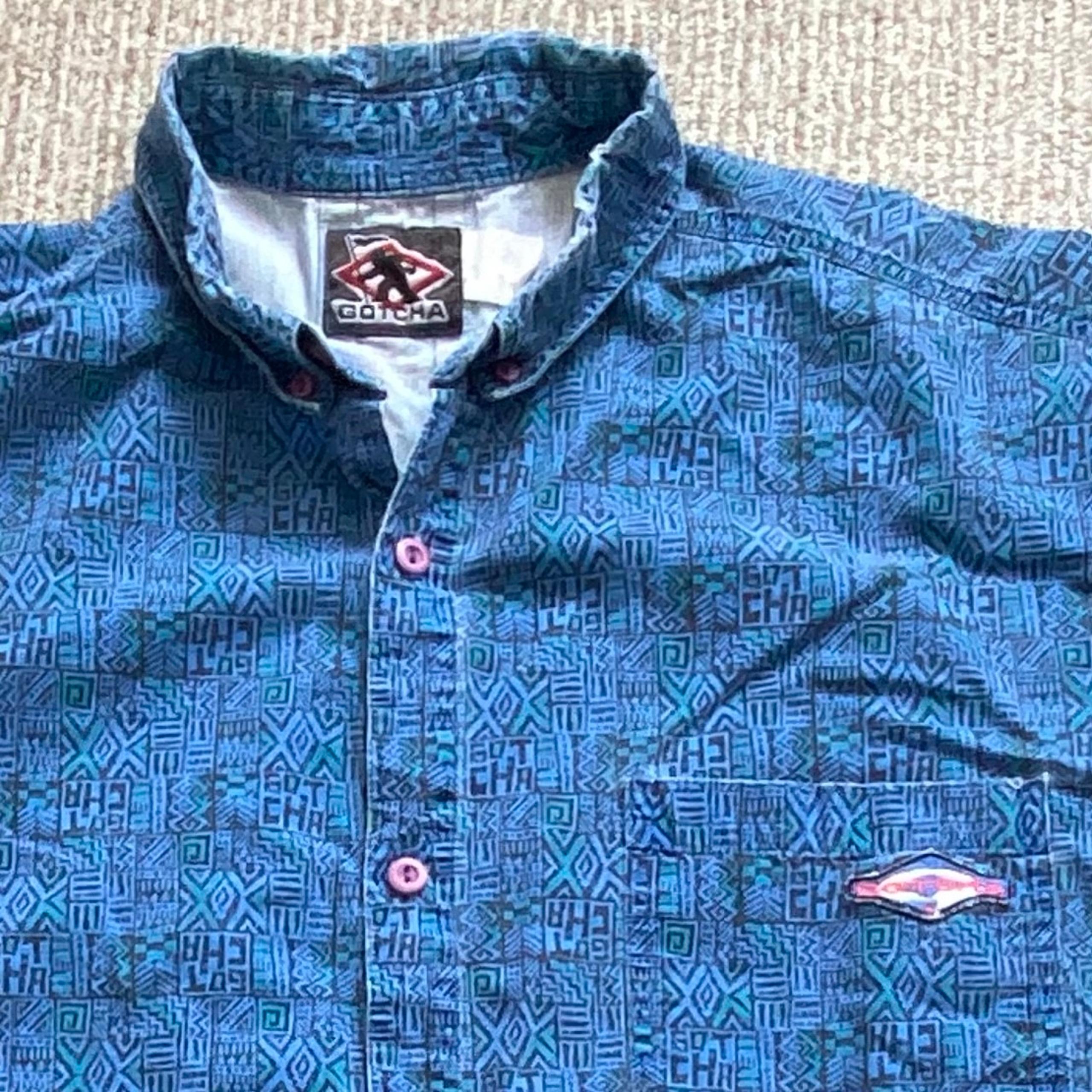 Vintage 90s Gotcha Button Up Shirt Mens Large Blue Black Geometric Tribal Retro