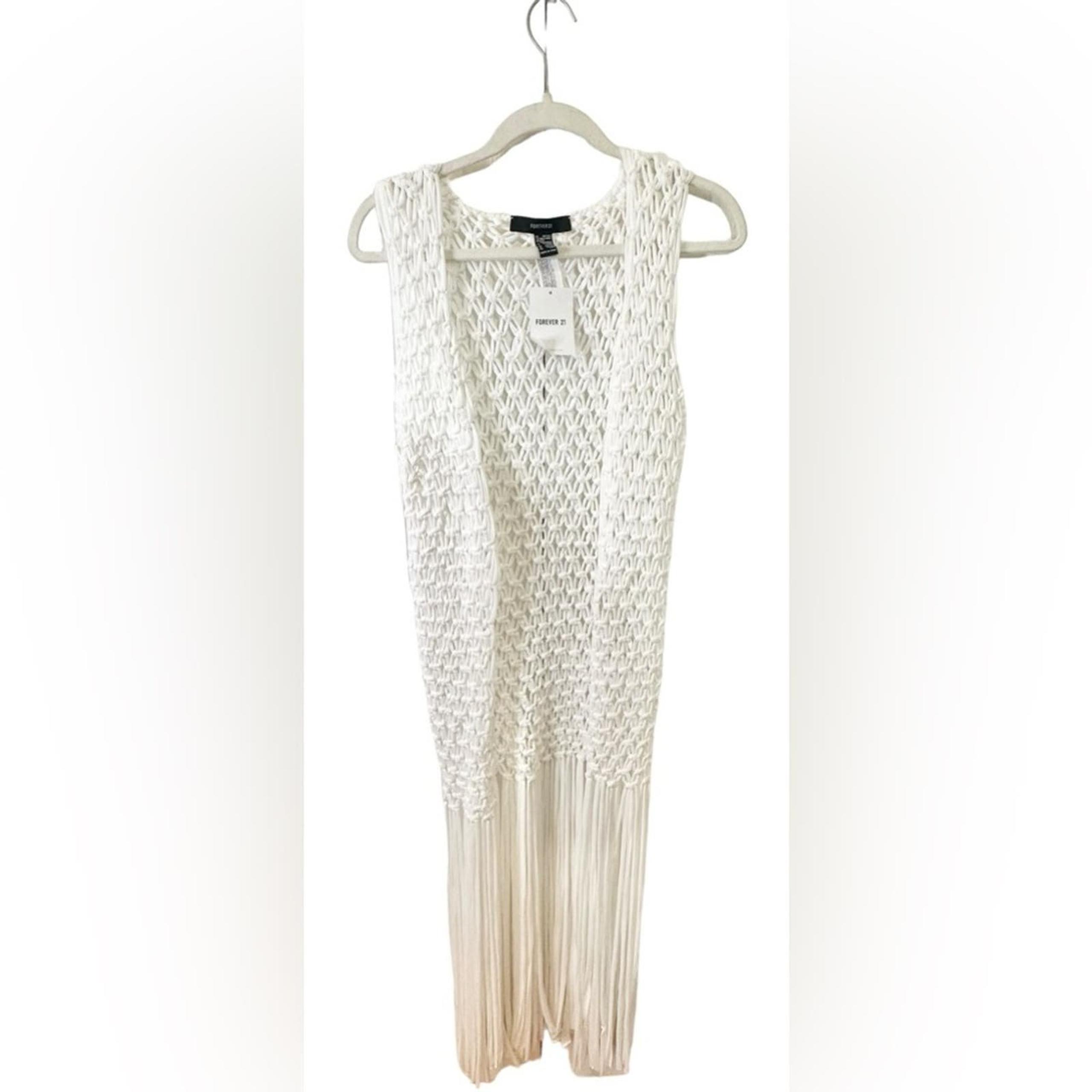 Forever 21 Women’s Full Length Macrame White Beach Cover Up With Fringe One Size