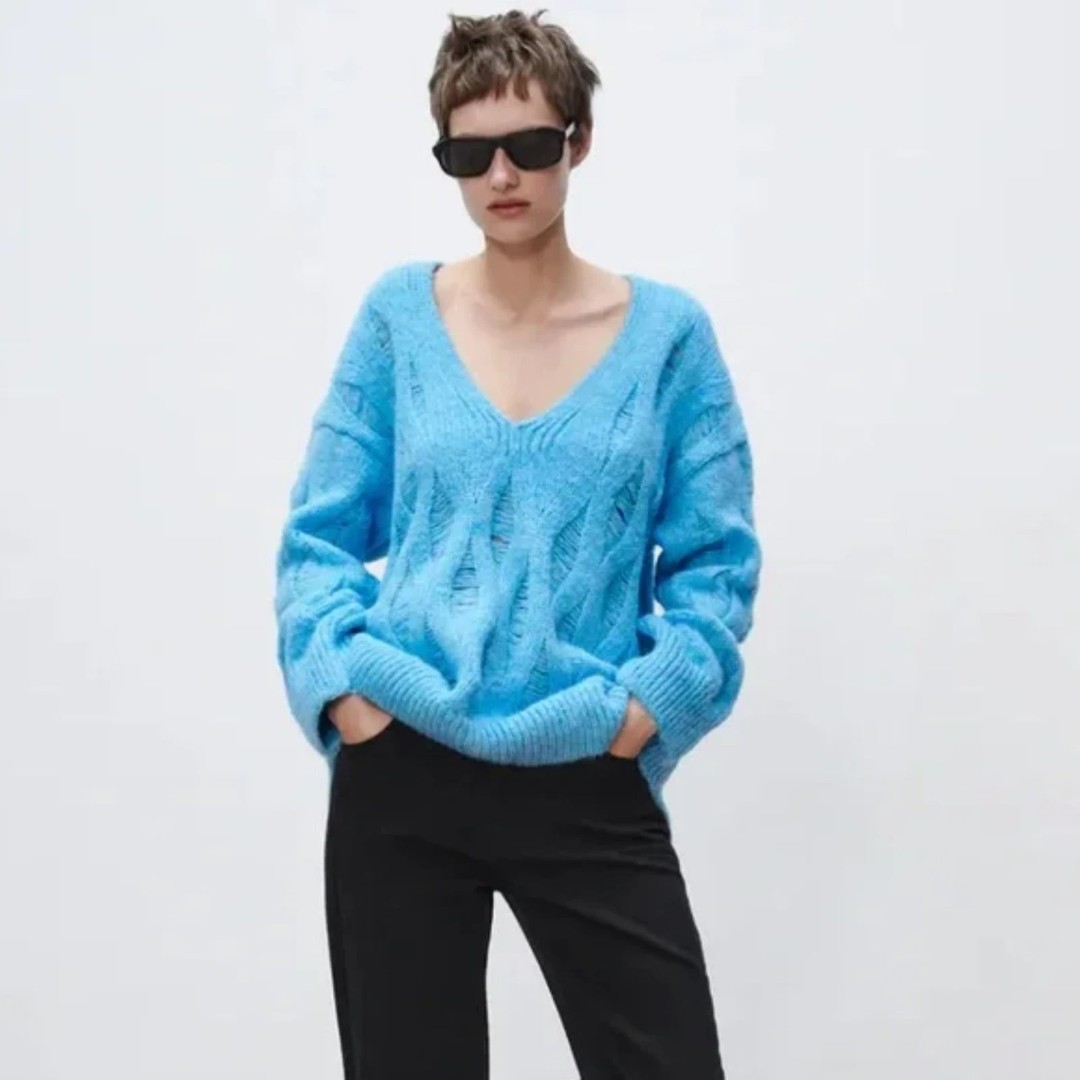 Zara Long Open Knit Sweater Wool Blend Ripped Blue