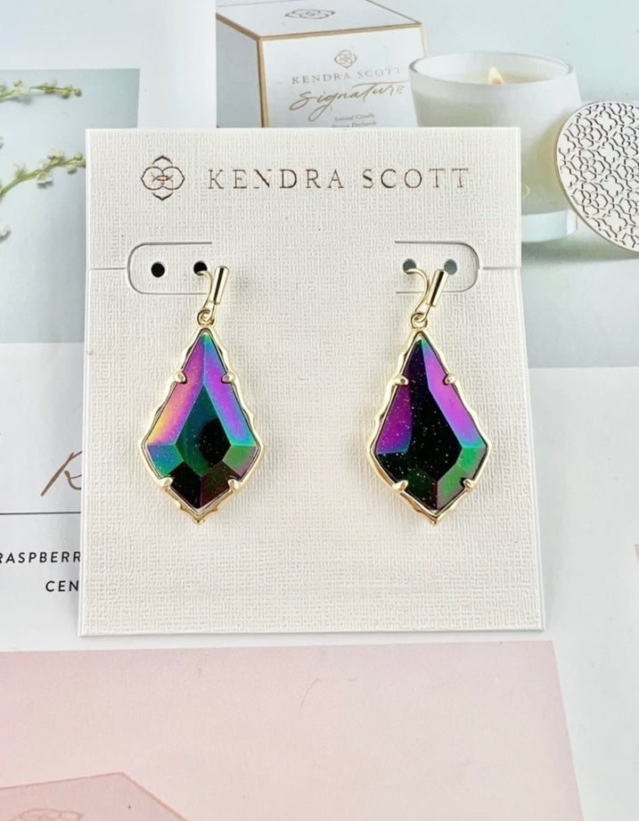 Kendra Scott faceted small Alex iridescent blue goldstone Gold earrings