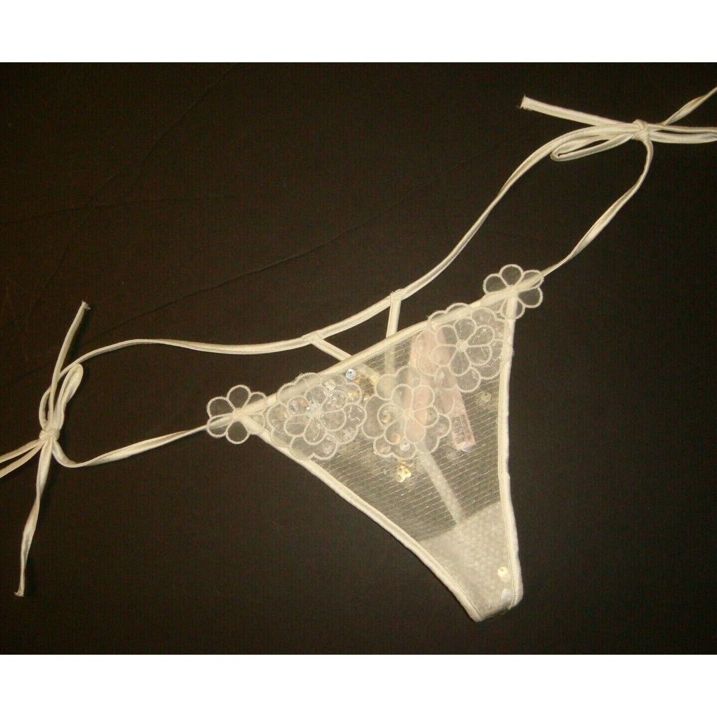 NWT Victoria's Secret M thong side tie WHITE sequined floral applique VERY SEXY