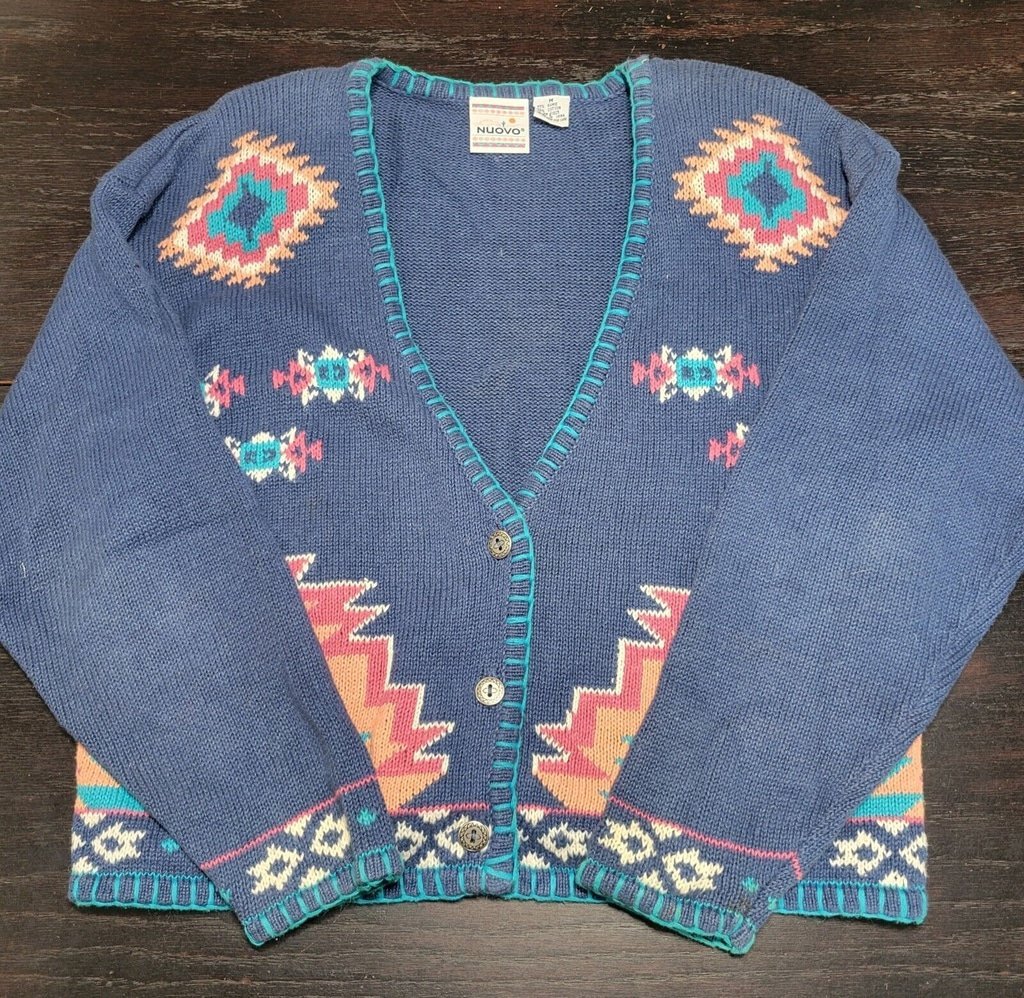 Vintage Nuovo Southwestern Sweater Size Medium Aztec Cardigan Tribal Boho 80s