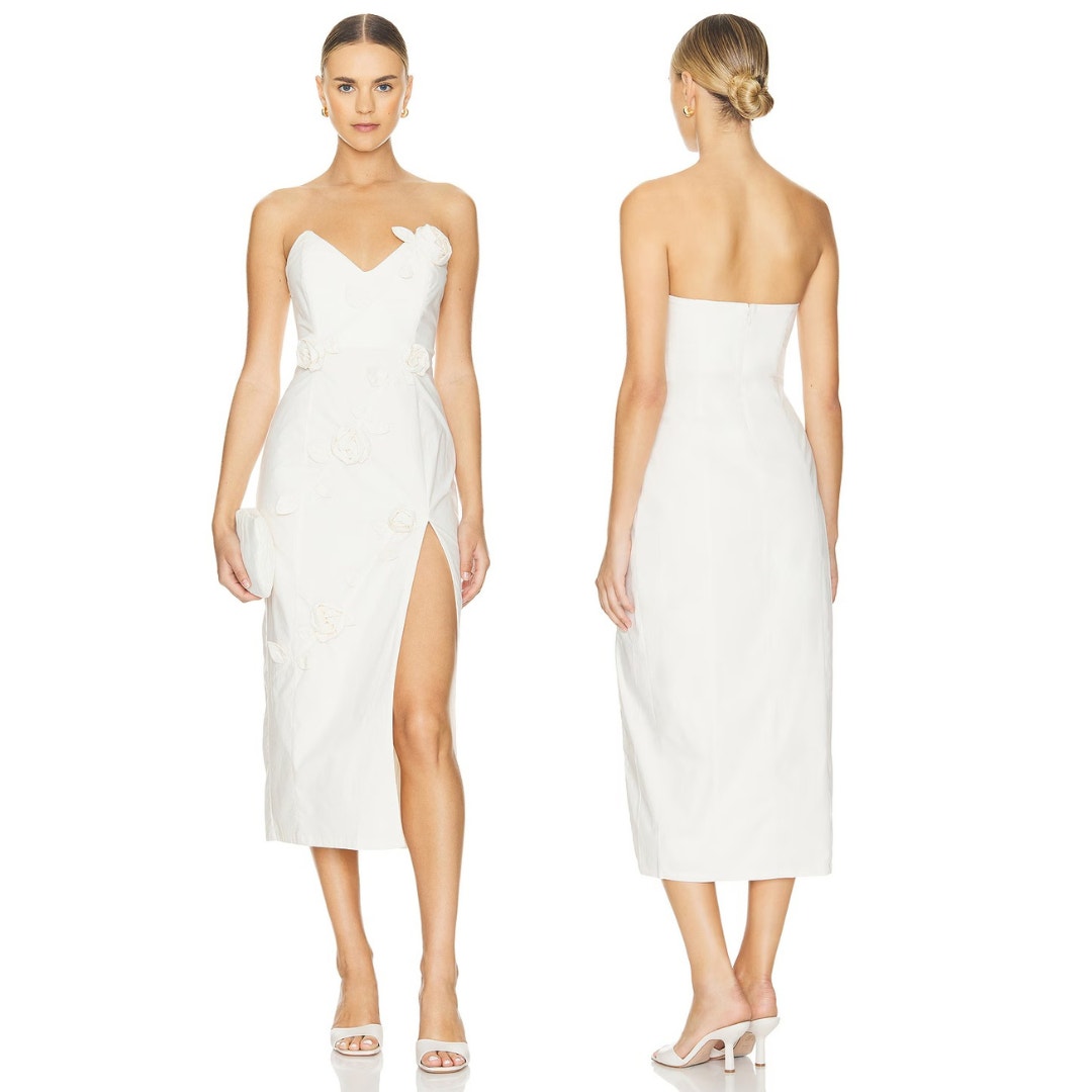 NBD Aiza Rosette Midi Dress Strapless Side Slit Party Bridal Wedding Ivory Sz XS