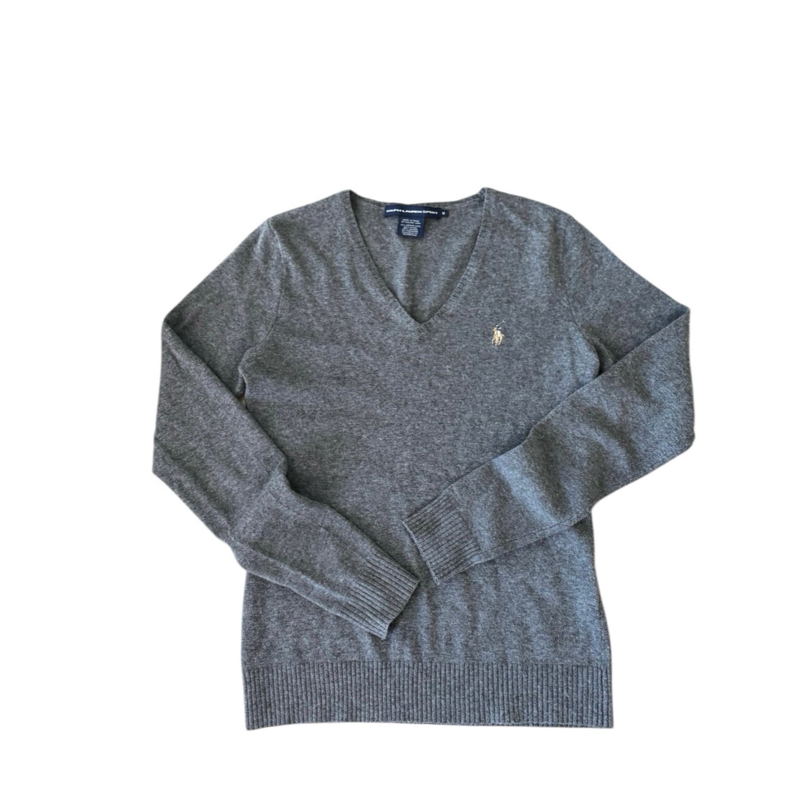 Ralph Lauren Sport Merino Wool Cashmere Grey V-Neck Pony Sweater Jumper Medium