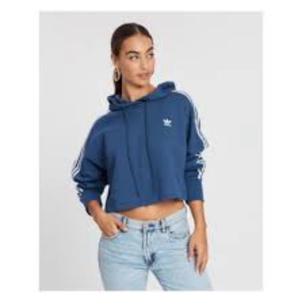 Adidas Blue Cropped Hoodie Three Stripes Medium