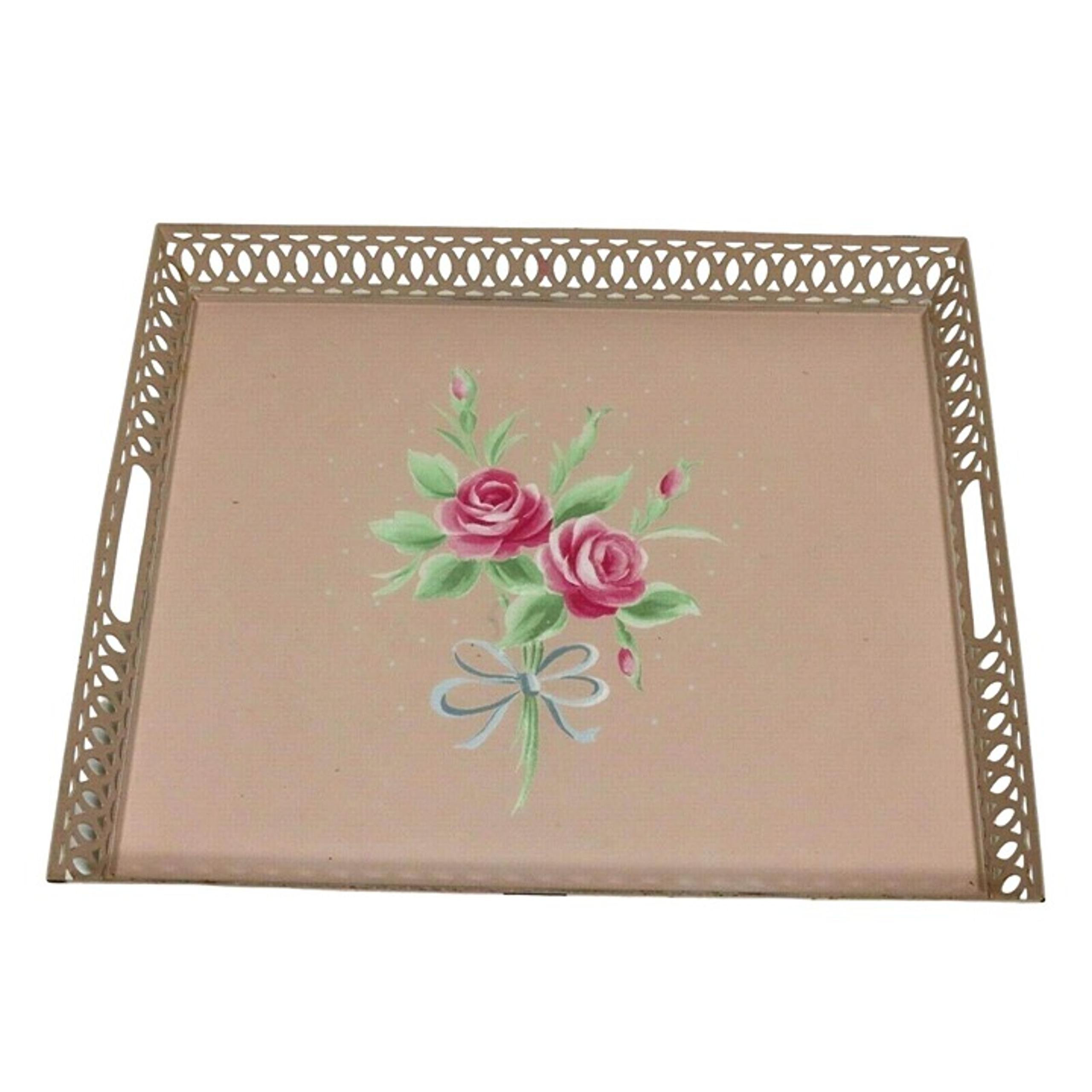 Simply Shabby Chic Pink Rose Flower Metal Rectangle Vanity Tray Rachel Ashwell