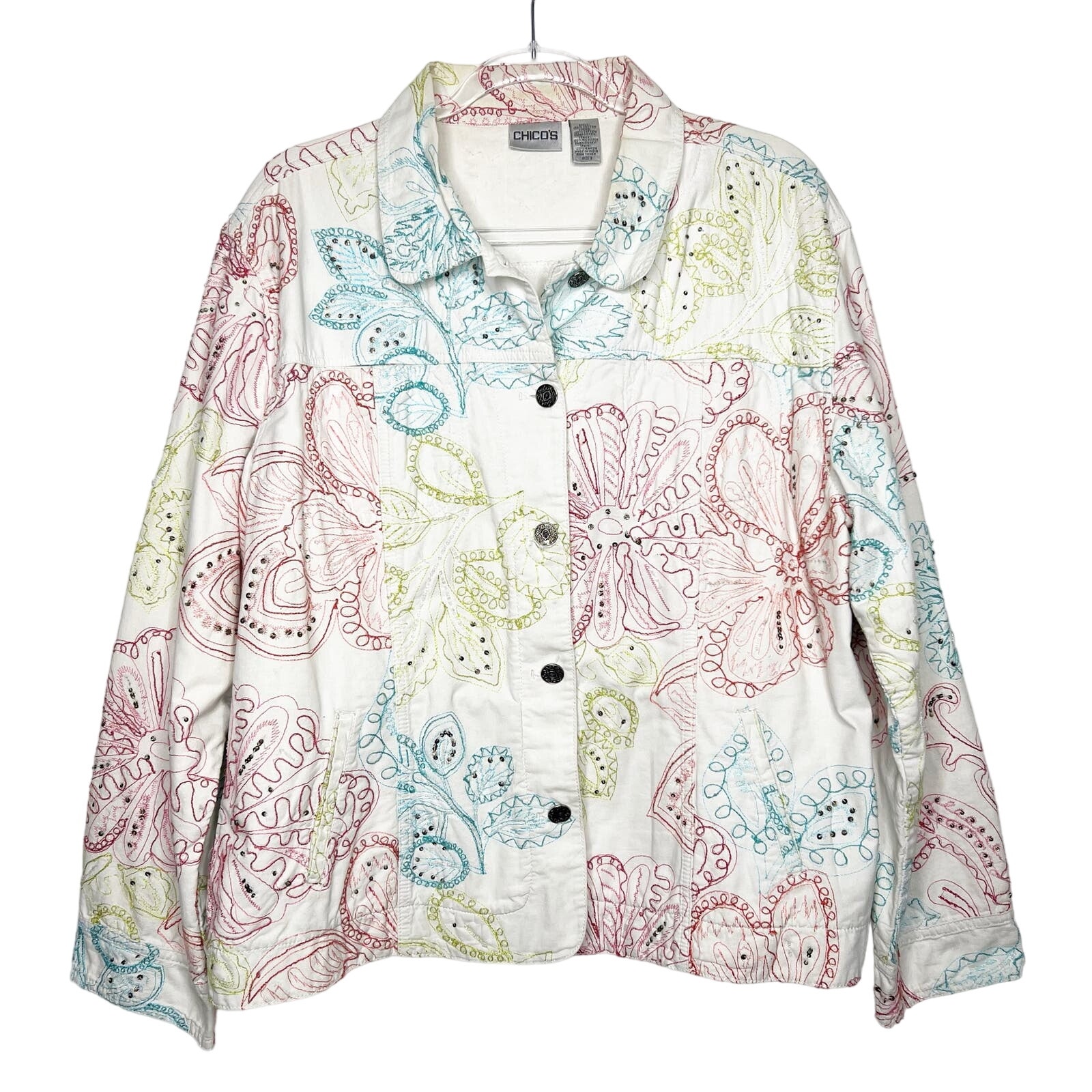 CHICO'S Floral Embroidered Button Down Shirt Jacket Cotton White Multi Size XL