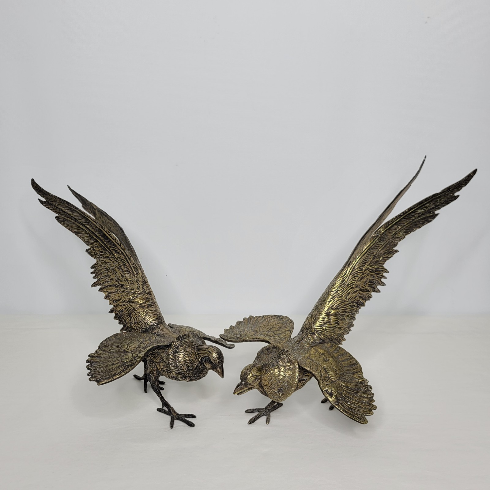 Pair of Vintage Brass 16 1/2 Fighting Flying Pheasants Birds