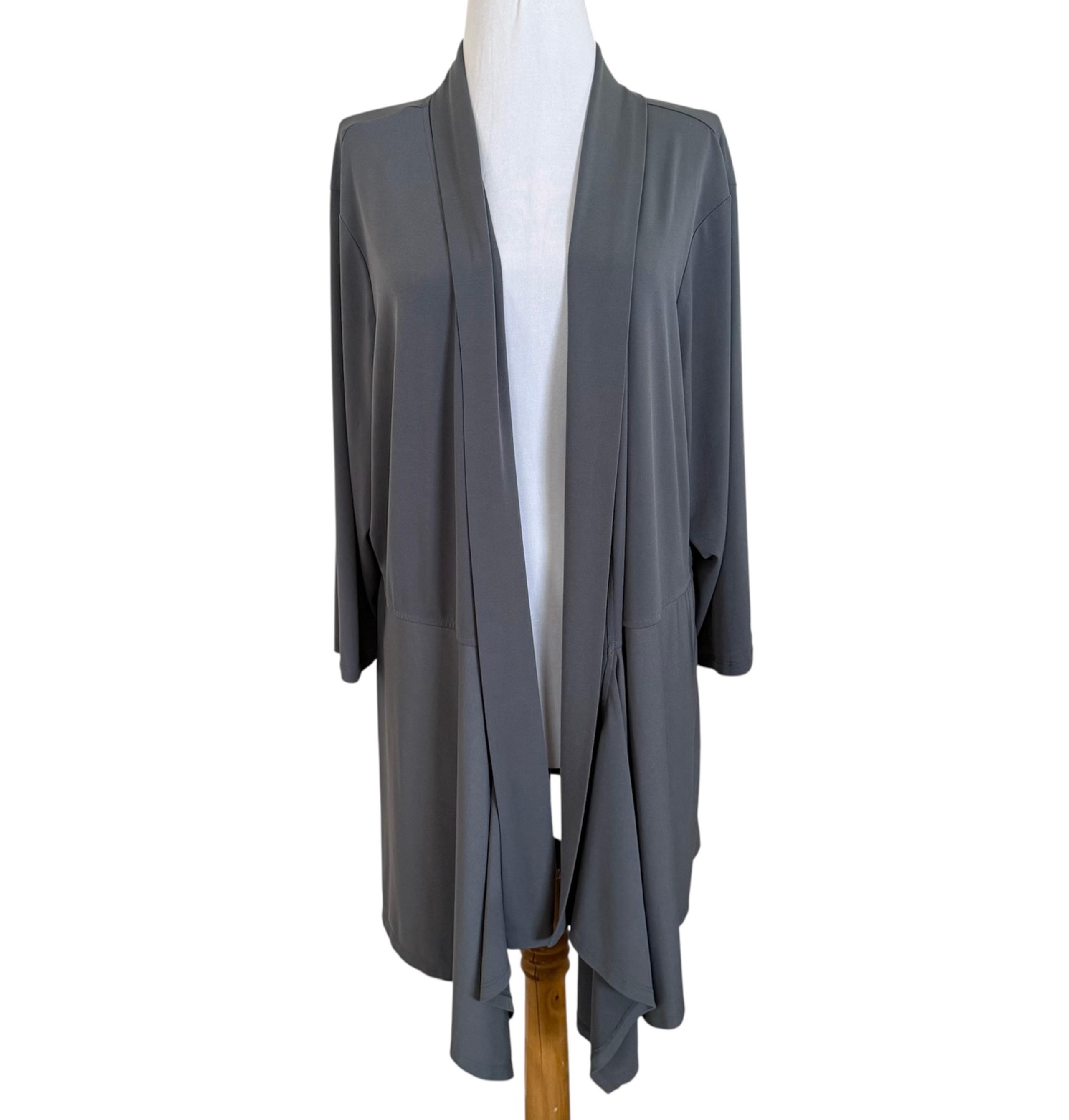 Susan Graver 2X Gray Liquid Knit Cascading Open Front Cardigan