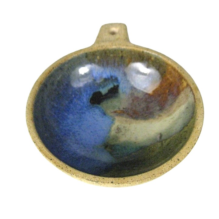 Stoneware Bowl Size 5 3/8 Inch Artisan Signed Glazed Nail Hole Blue Scoop Handle