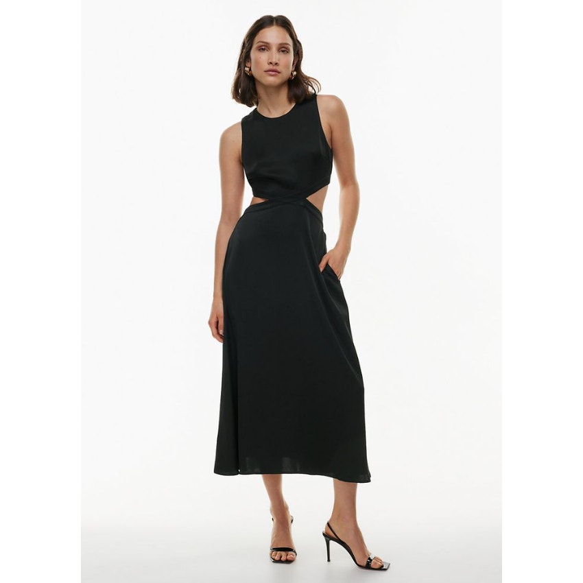 BABATON NEW Aritzia Cella Satin Midi Dress Black Cutout Fit & Flare Women's 2XS