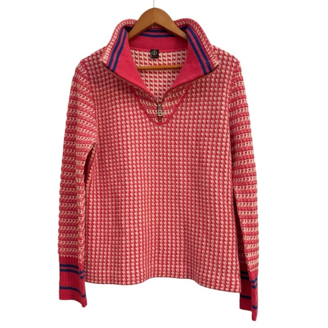 Bogner Fire & Ice New Wool Pink White and Blue Half Zip Knit Women's Sweater