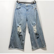 Forever 21 Jeans Women 33 Baggy 90s Style Wide Leg Distressed Ripped Blue Denim