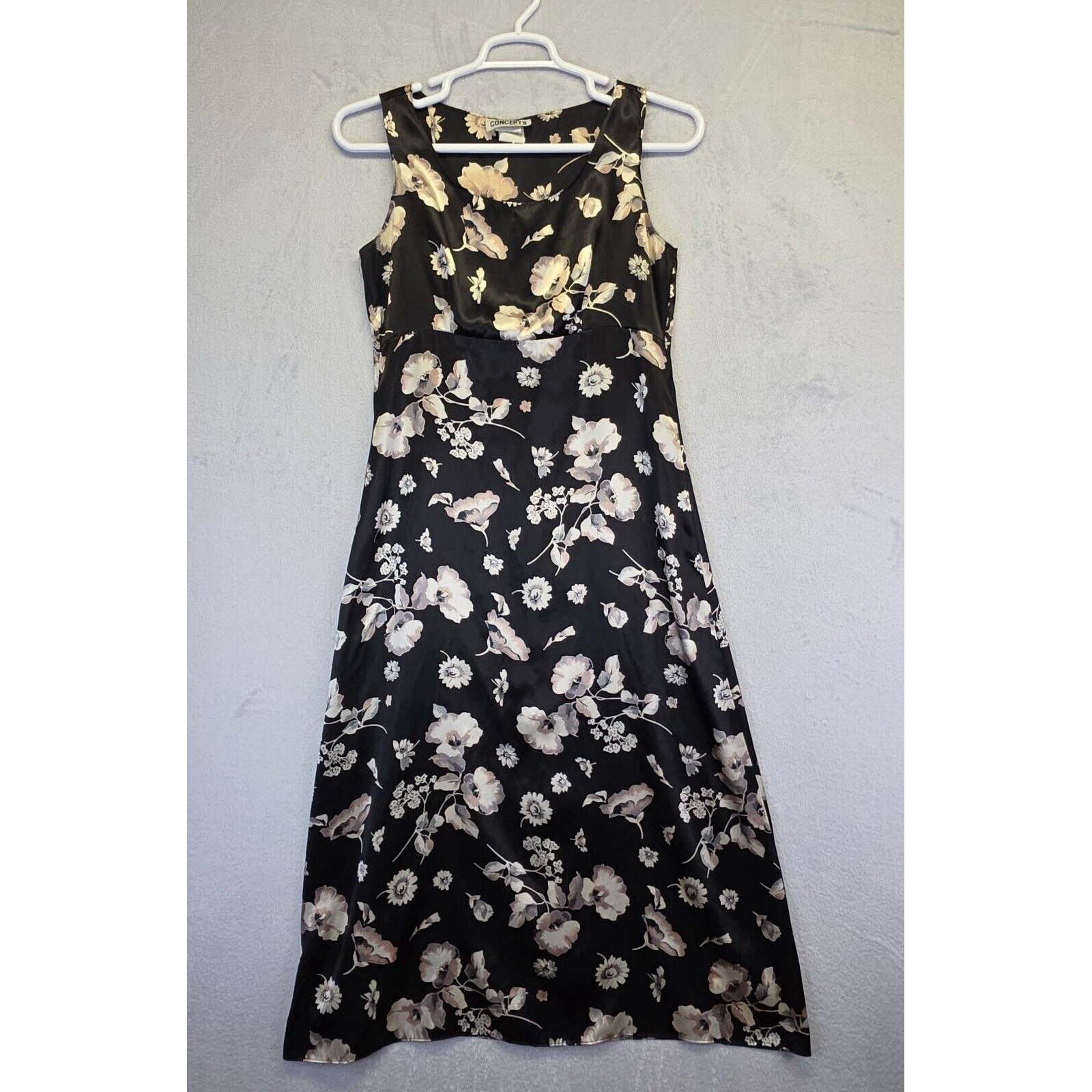 Vintage California Concepts Dress Junior 9 Black Floral Satin Whimsigoth A Line