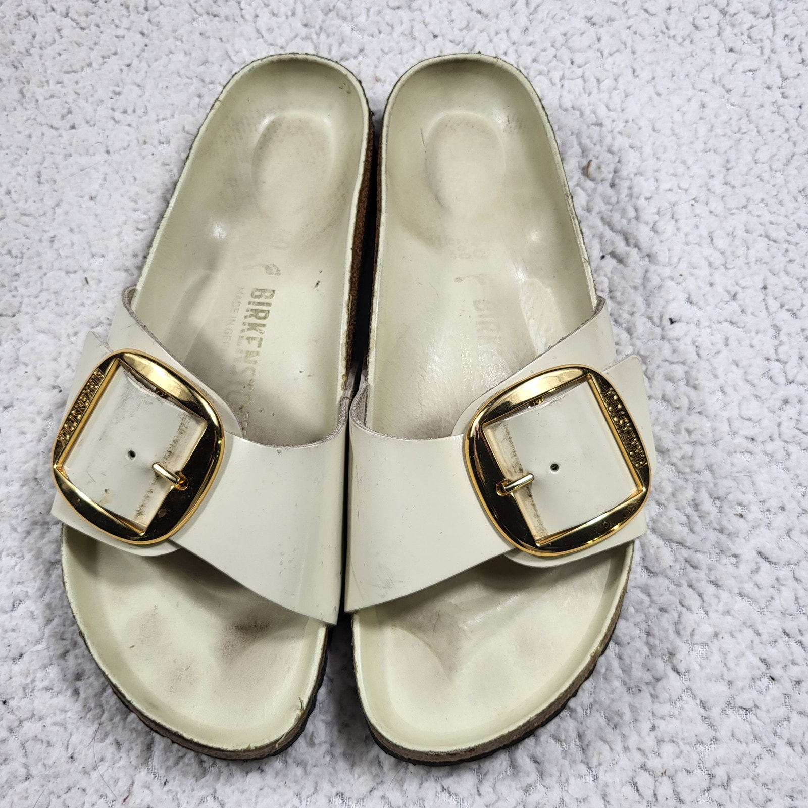 Birkenstock Madrid Big Buckle off white Leather Patent Sandals Sz 40 US 9-9.5