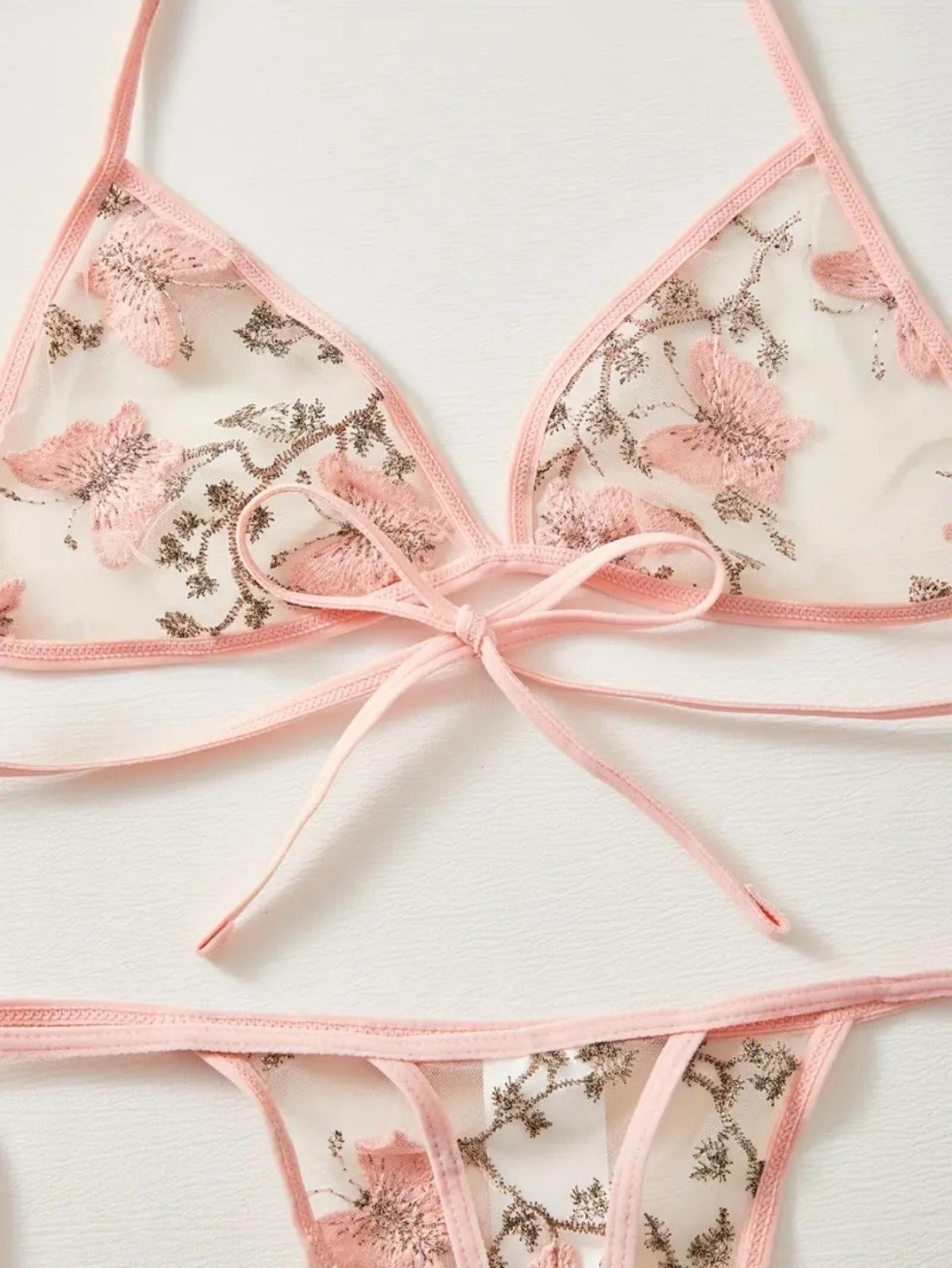 Size XL Super Sexy Butterfly Embroidered Sheer Pink Lingerie Set