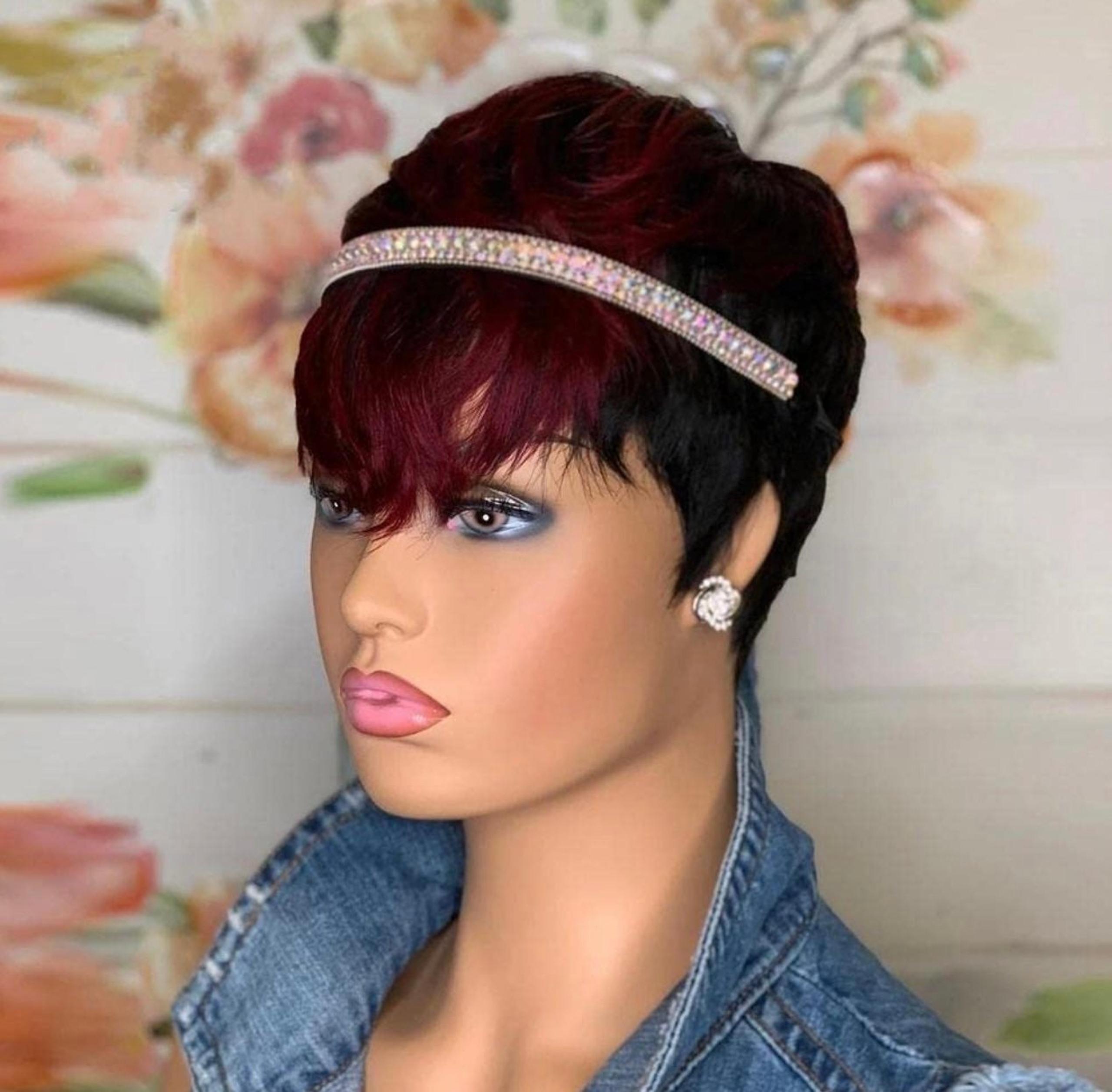 Alcobi pixie cut human hair wig for women short bob wig with bangs highlights co