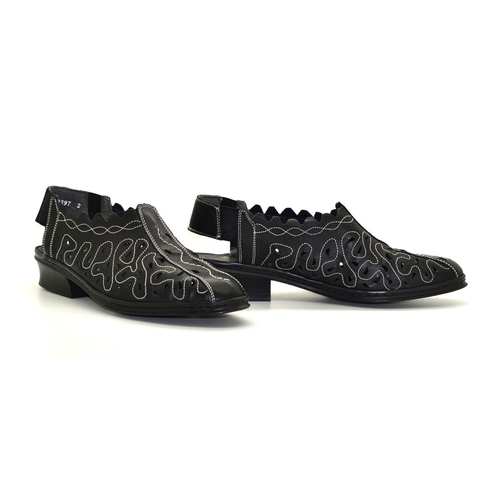 A5 Auth RIEKER ANTISTRESS Black Embroidered Laser Cut Leather Slingbacks Size 39