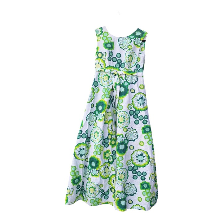 Vintage Darina Hawaiian Barkcloth Maxi Dress Green and White
