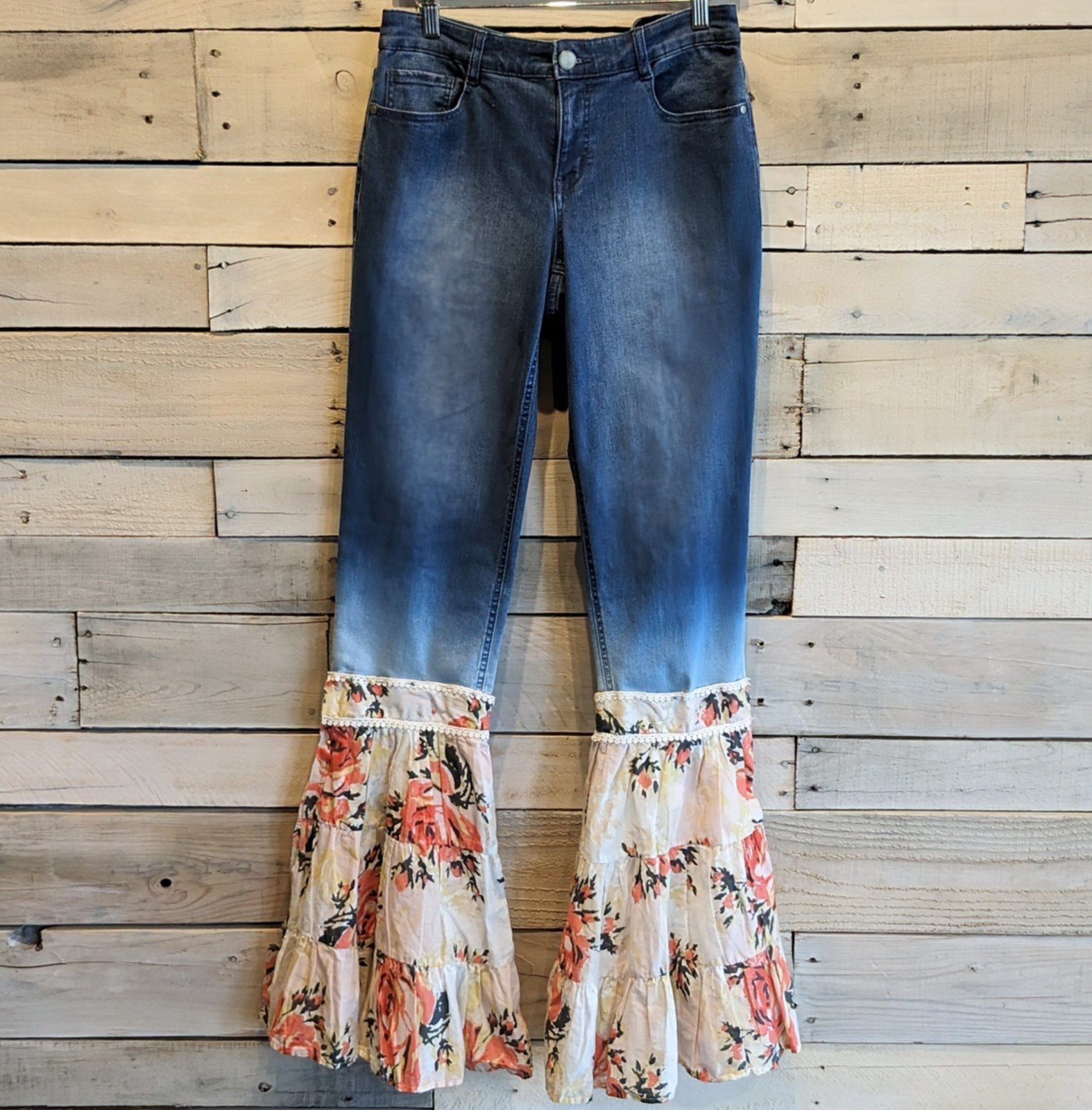 Re-worked Floral Denim Bell Bottom Jeans Sz 30
