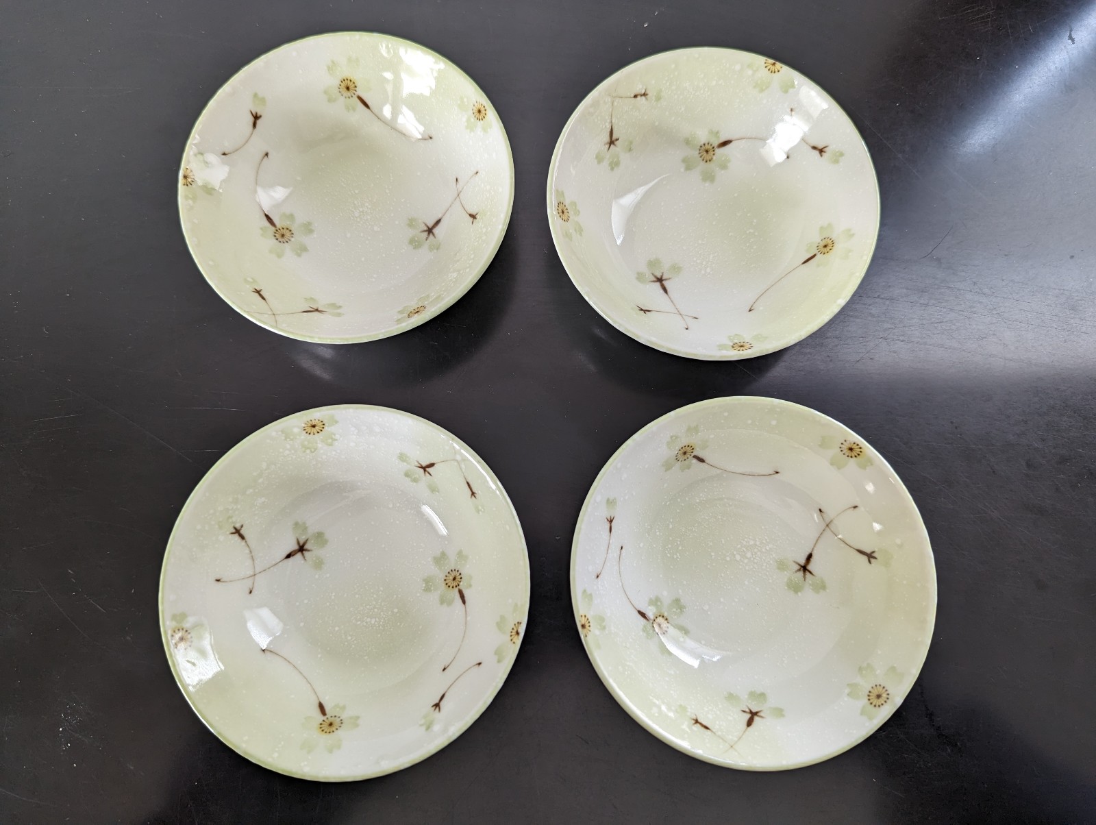 Vintage MINO JAPAN 4-inch Green Cherry Blossom Small Bowls Set of 4 Ceramic